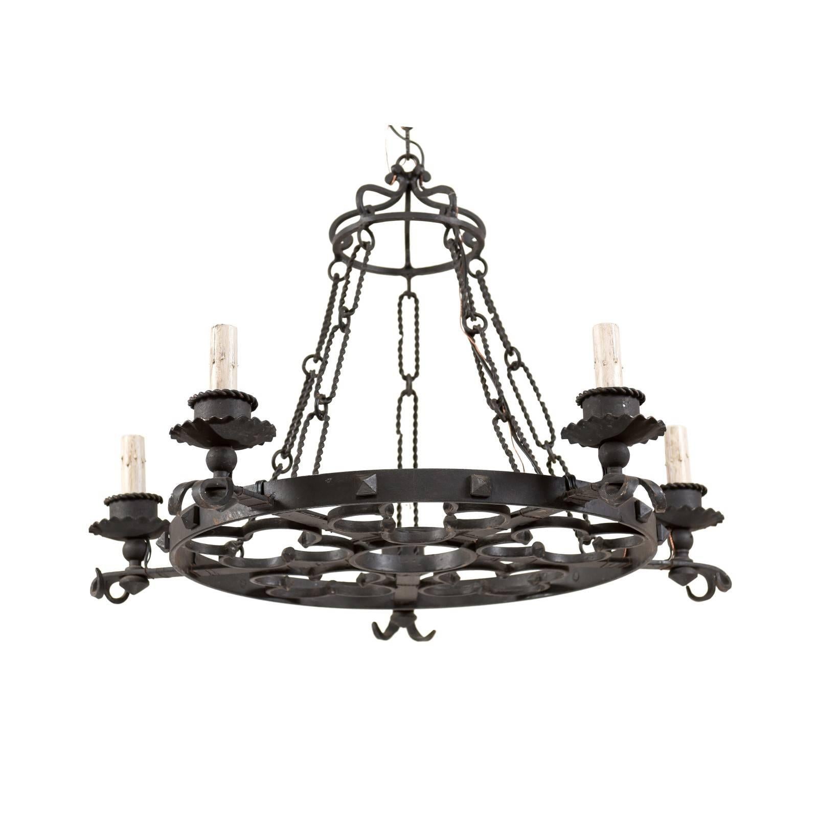 French Midcentury Forged Iron Chandelier with Quatrefoil Clover Motifs