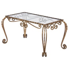 French Midcentury Gilded Metal Coffee Table with Glass Top, 1940s