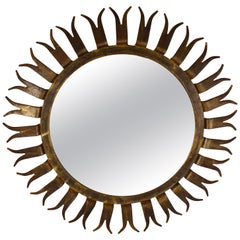 French Midcentury Gilded Wrought Iron Forked Ray Sunburst Wall Mirror