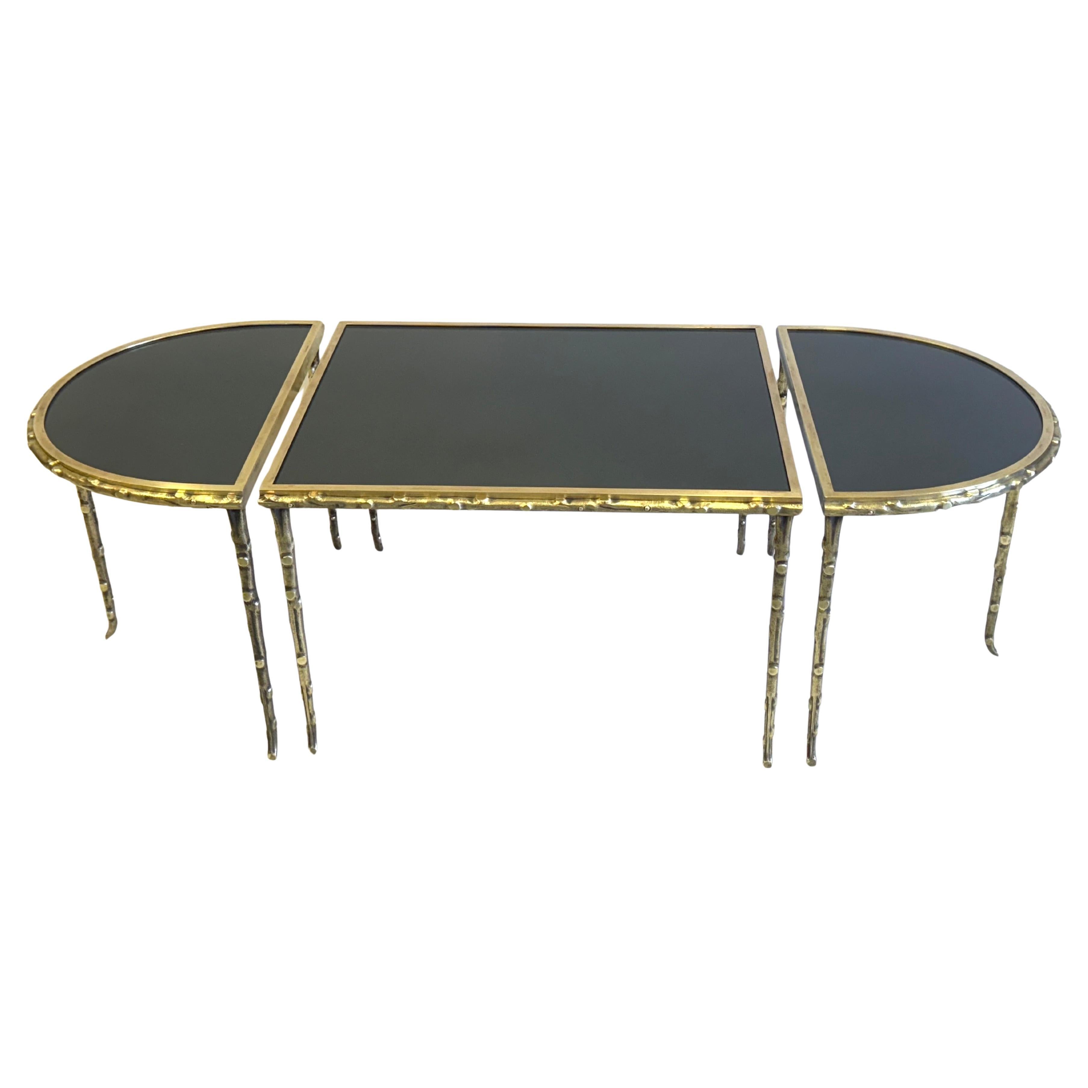 French Midcentury Gilt Bronze Faux  Bamboo & Opaline Coffee Table, Maison Bagues