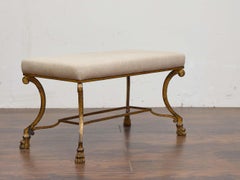 French Midcentury Gilt Iron Bench with Scroll Legs and Lion Paw Feet