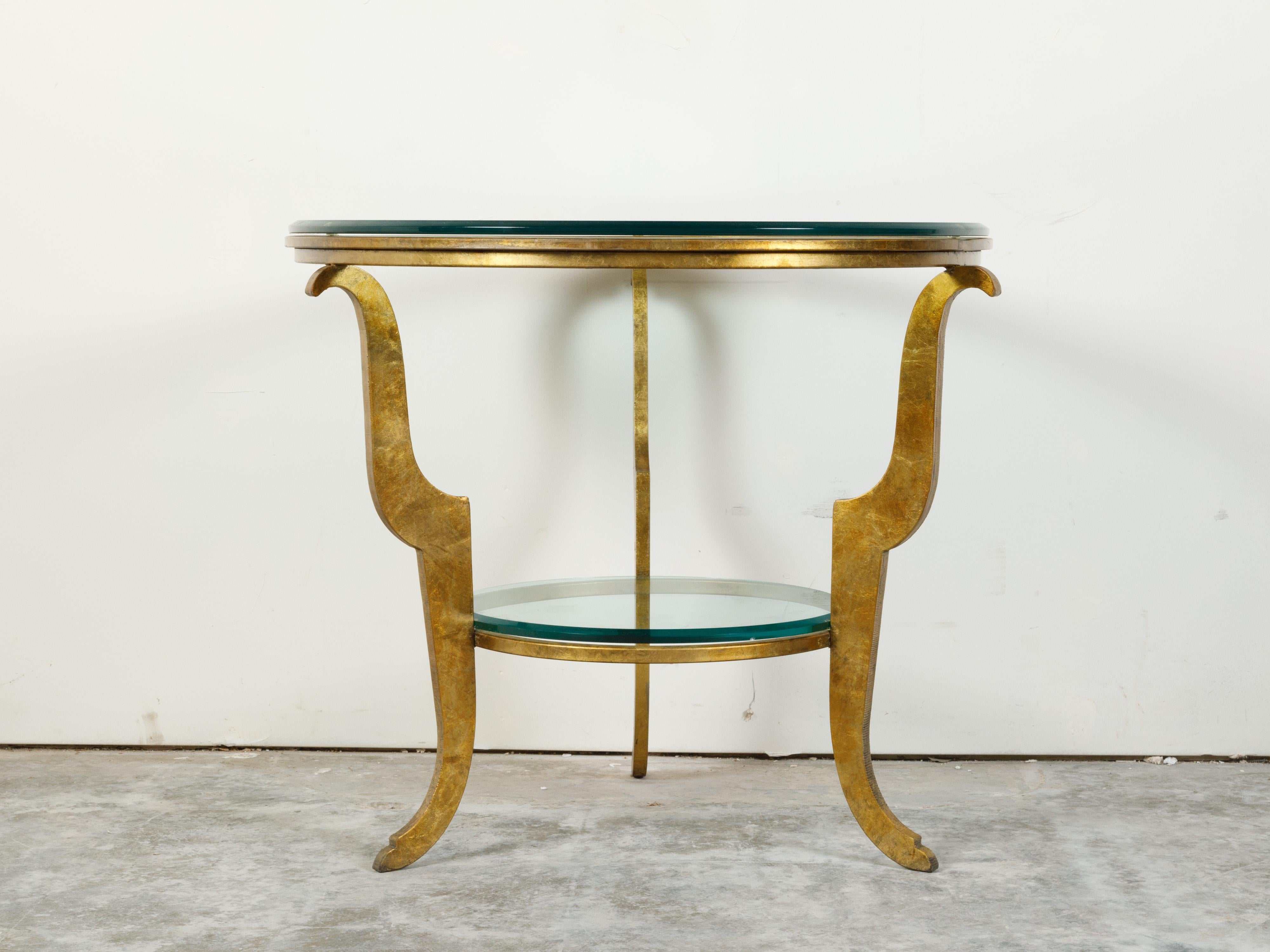 Mid-Century Modern French Midcentury Gilt Iron Center Table with Glass Top and Scrolling Legs