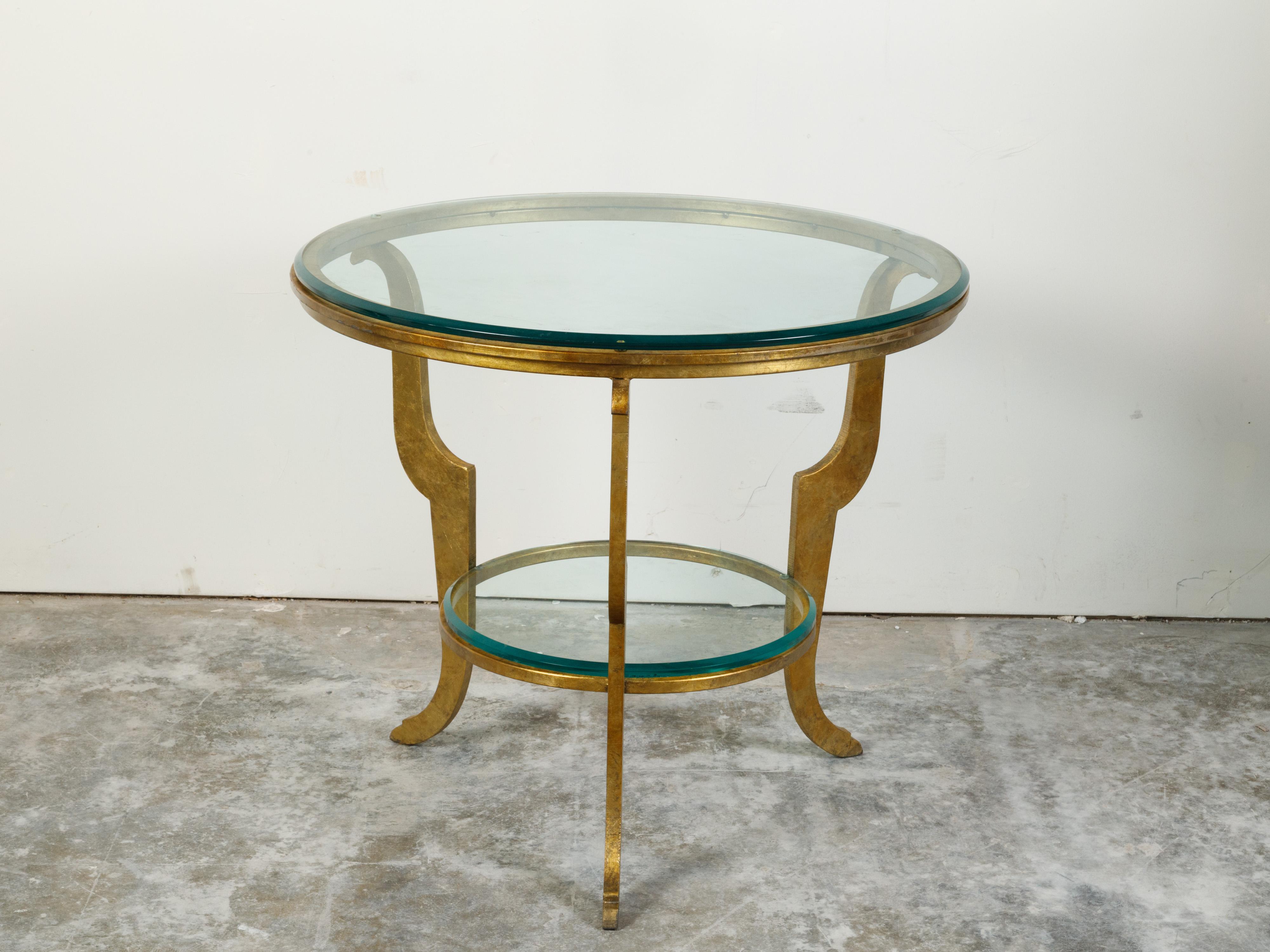 French Midcentury Gilt Iron Center Table with Glass Top and Scrolling Legs In Good Condition In Atlanta, GA