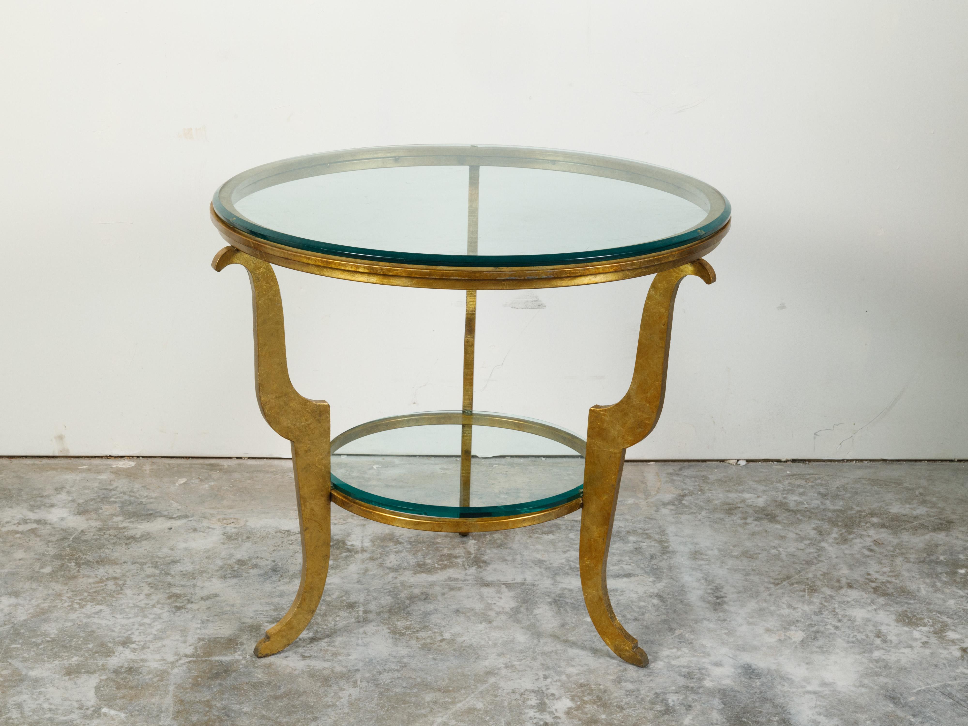 20th Century French Midcentury Gilt Iron Center Table with Glass Top and Scrolling Legs