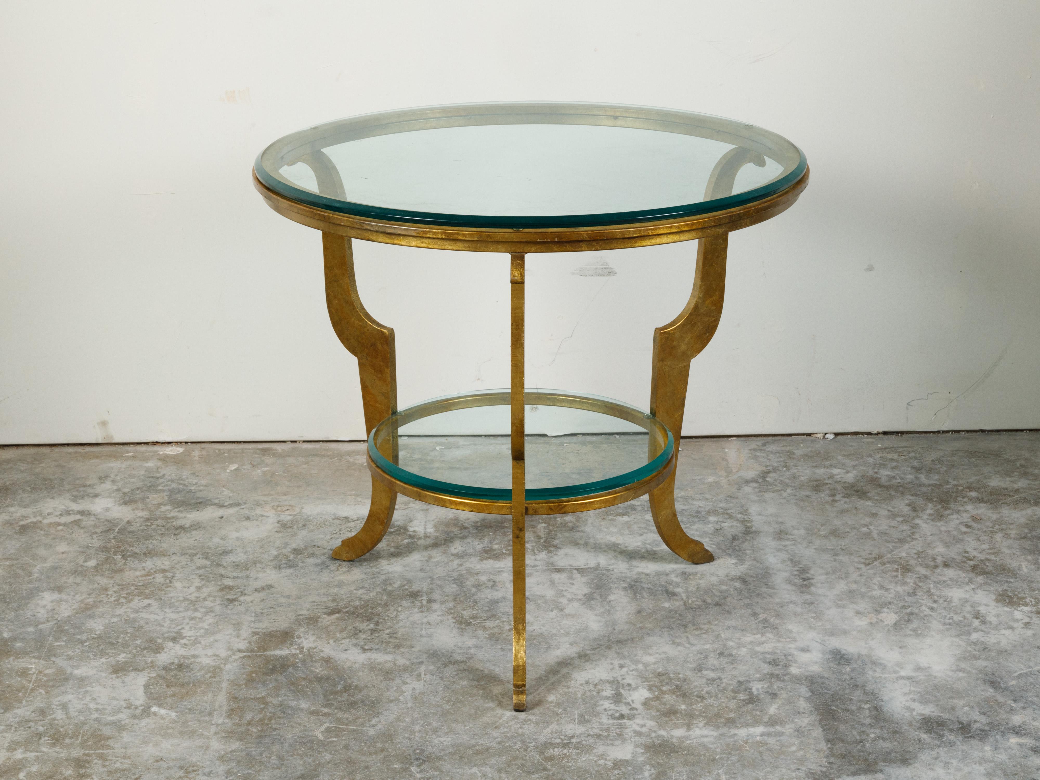 French Midcentury Gilt Iron Center Table with Glass Top and Scrolling Legs 1