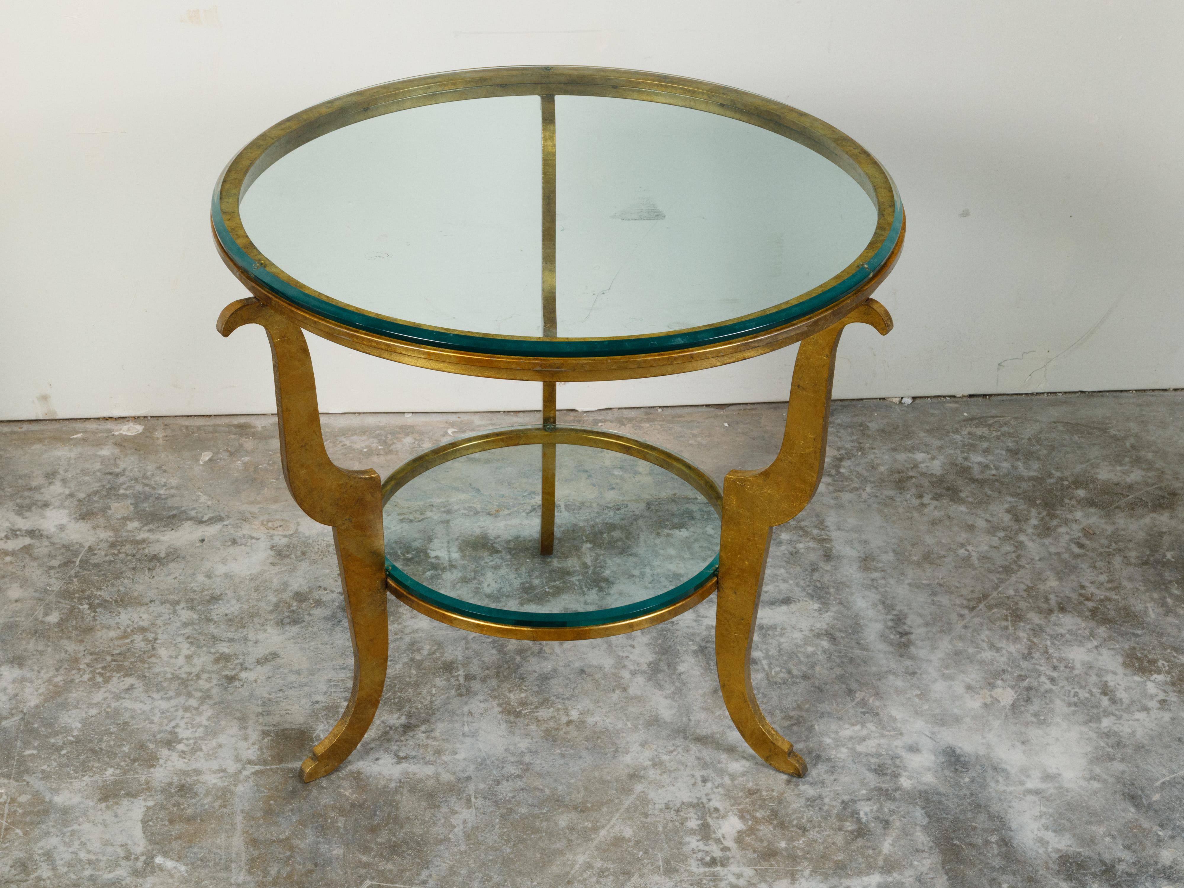 French Midcentury Gilt Iron Center Table with Glass Top and Scrolling Legs 2