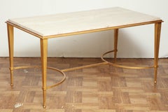 French Midcentury Gilt Iron Coffee Table with Travertine Top by Ramsay