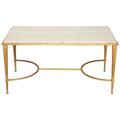 Used French Midcentury Gilt Iron Coffee Table with Travertine Top by Ramsay