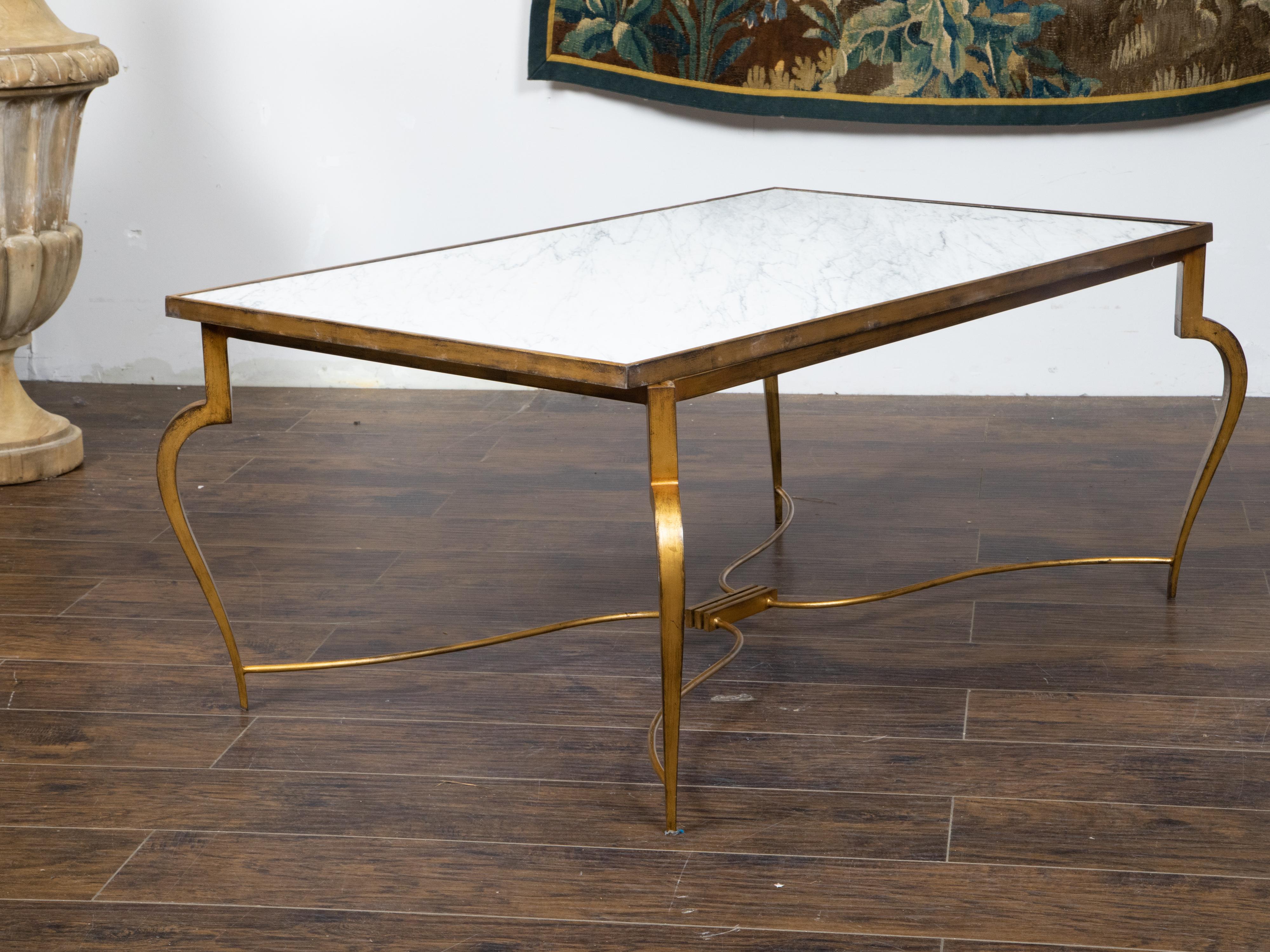 Mid-Century Modern French Midcentury Gilt Iron Coffee Table with White Marble Top and Cabriole Legs For Sale