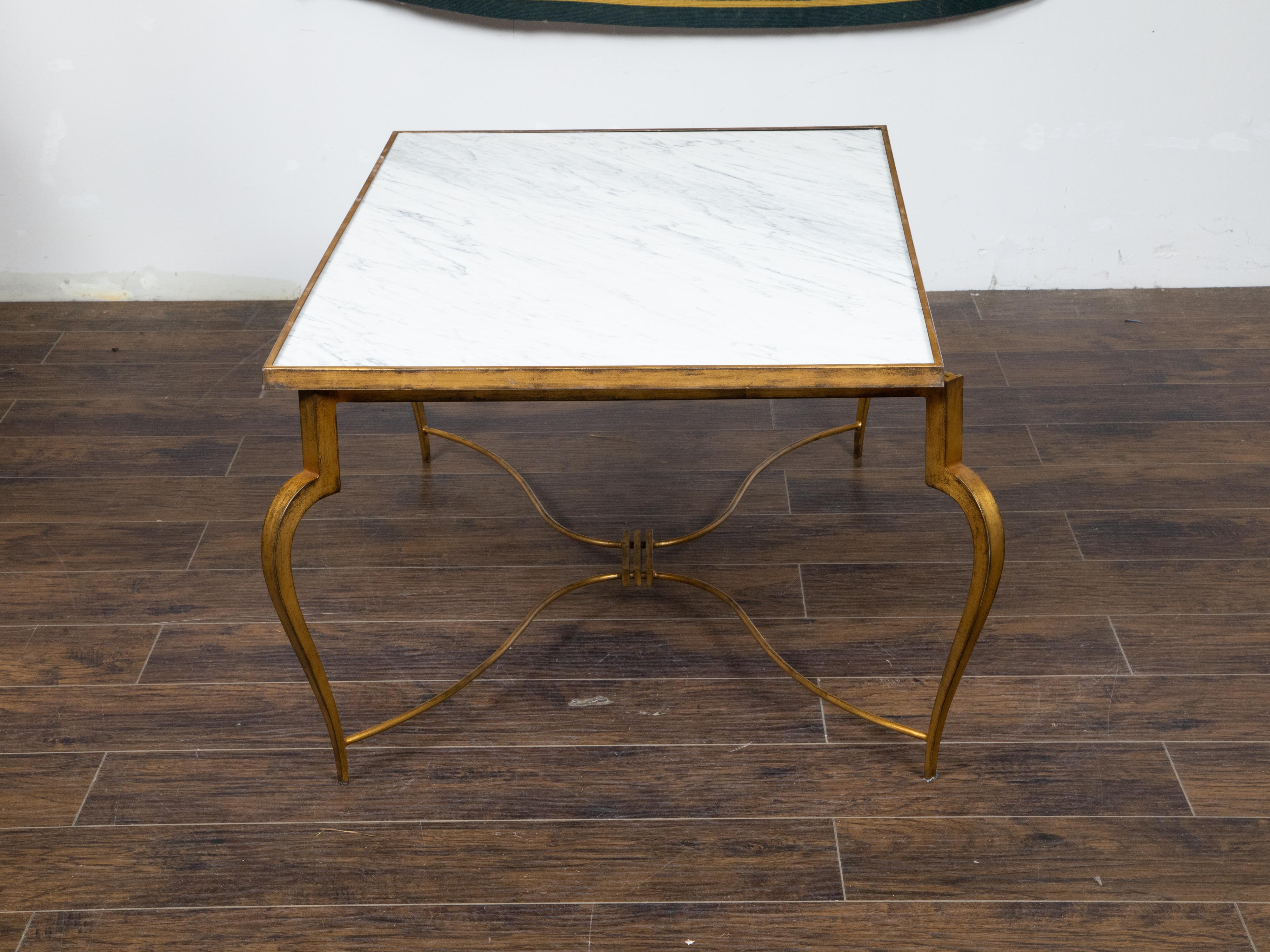 French Midcentury Gilt Iron Coffee Table with White Marble Top and Cabriole Legs In Good Condition For Sale In Atlanta, GA