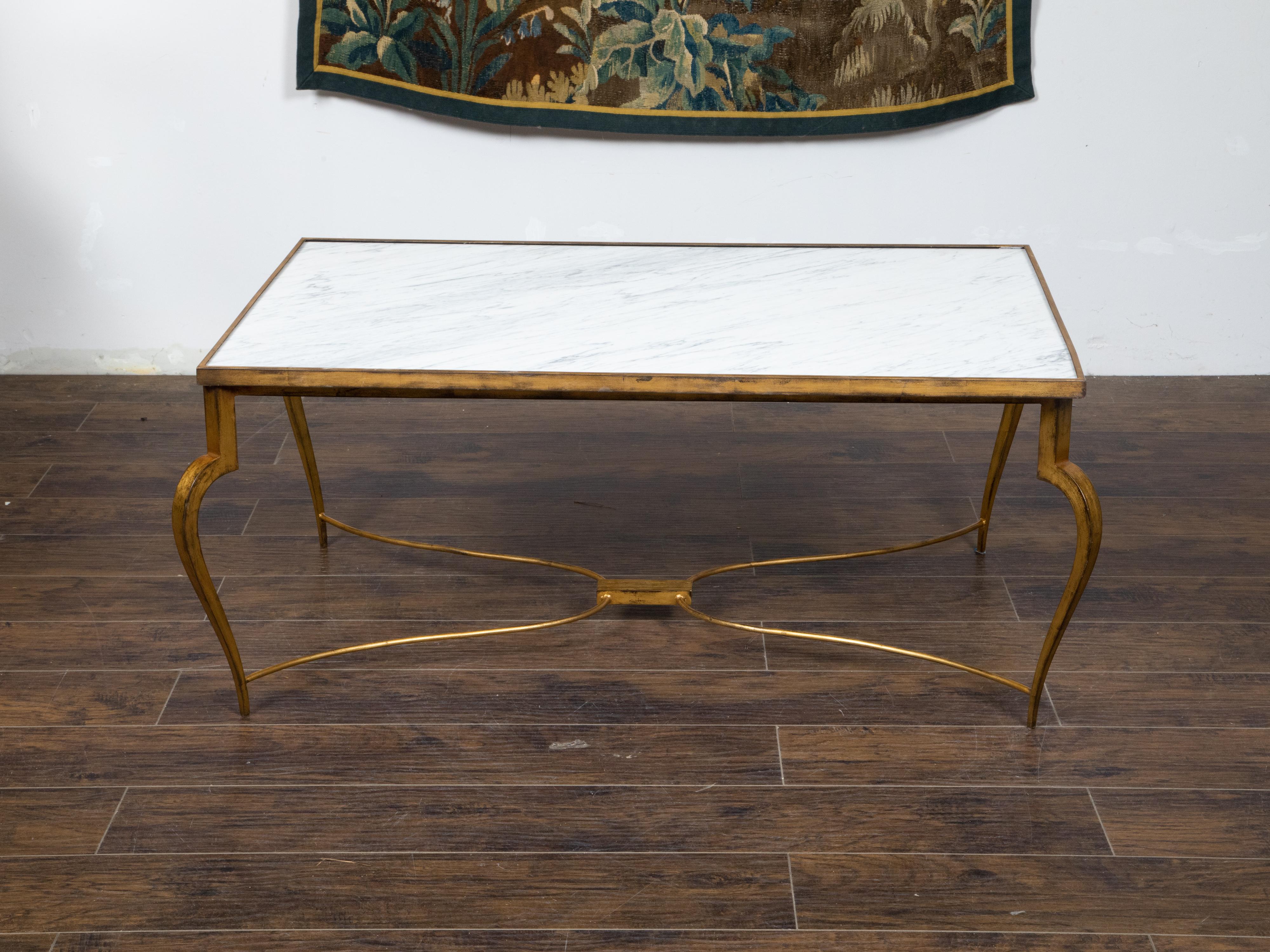 20th Century French Midcentury Gilt Iron Coffee Table with White Marble Top and Cabriole Legs For Sale