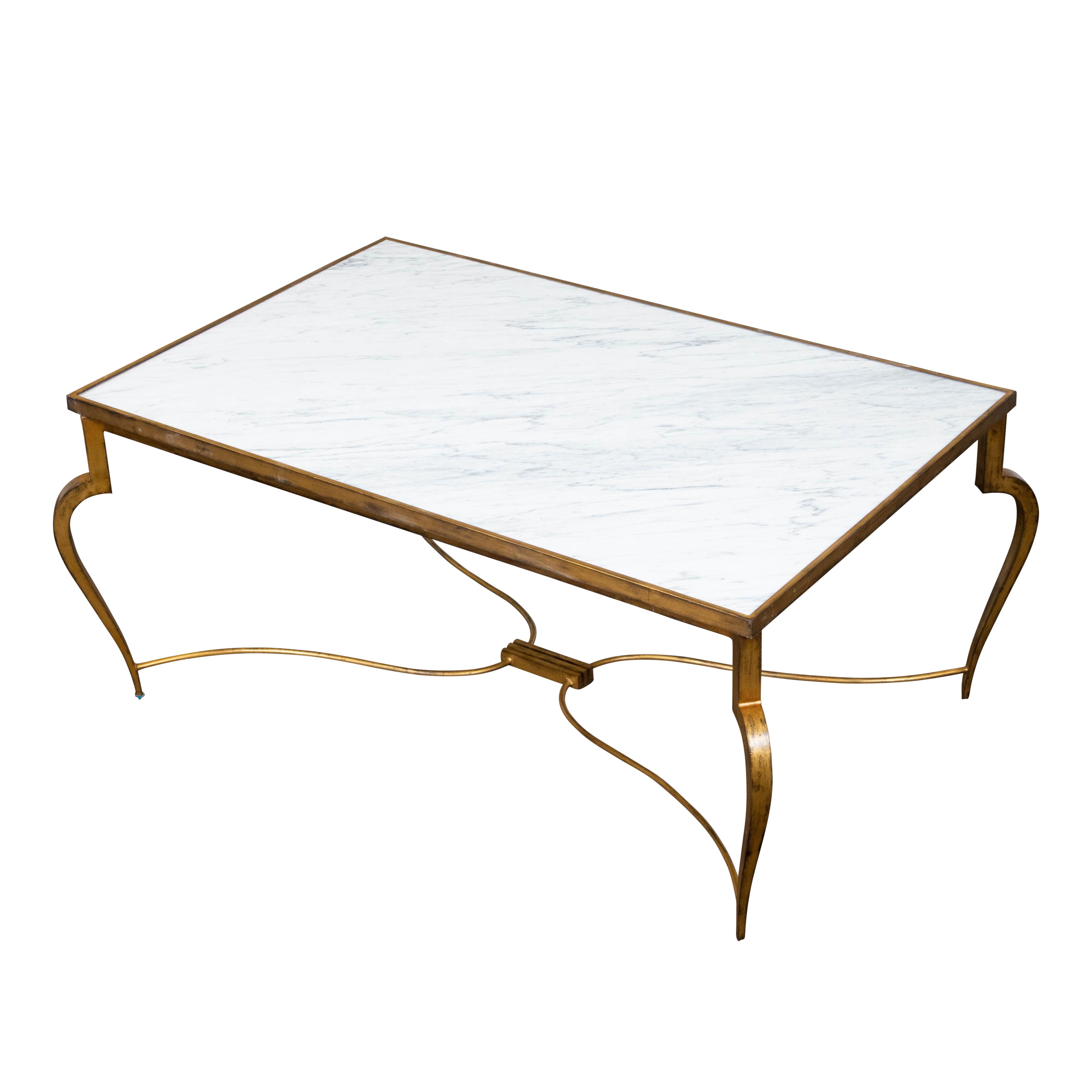 French Midcentury Gilt Iron Coffee Table with White Marble Top and Cabriole Legs For Sale 2