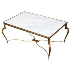 French Midcentury Gilt Iron Coffee Table with White Marble Top and Cabriole Legs