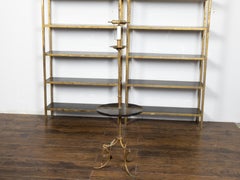French Mid-Century Gilt Iron Floor Lamp Guéridon Table with Black Granite Top