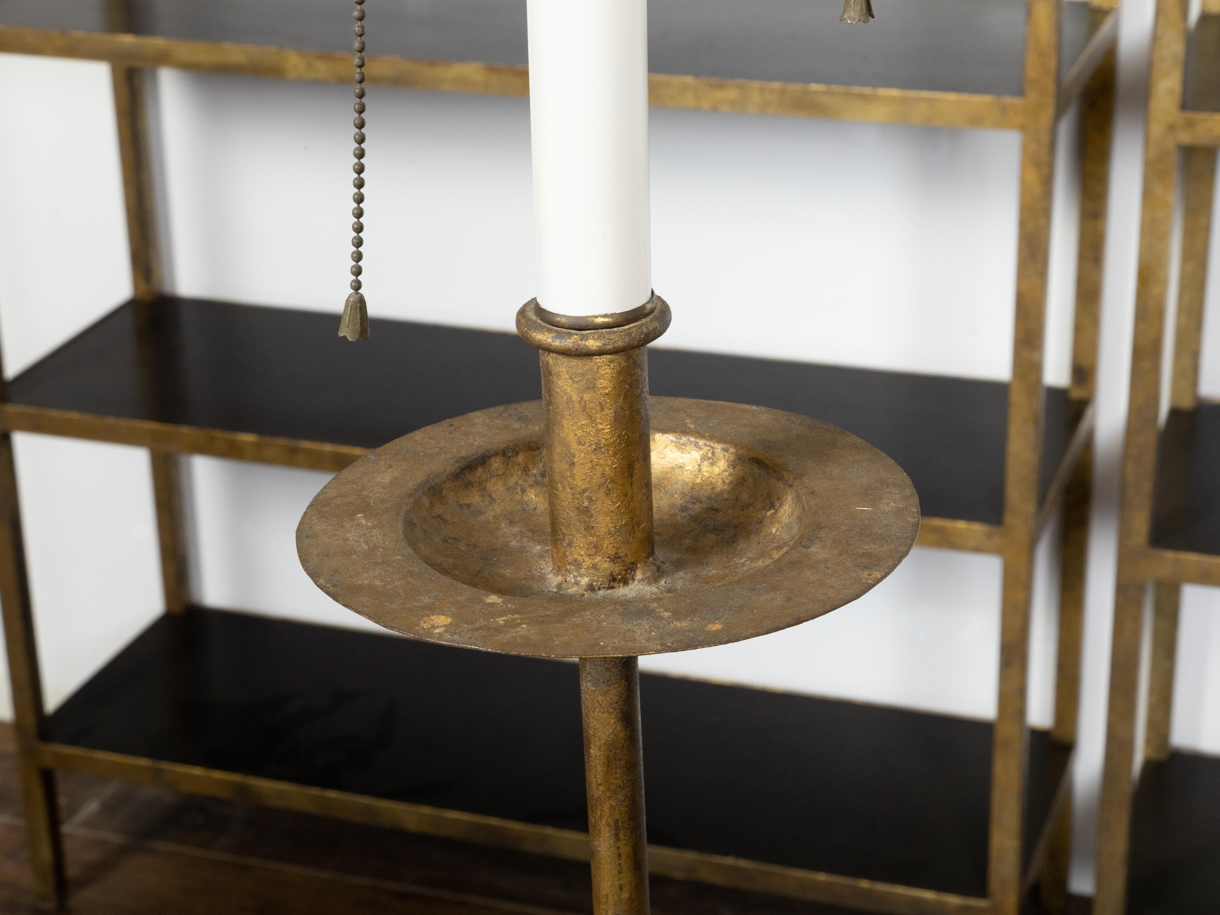 French Mid-Century Gilt Iron Floor Lamp Guéridon Table with Black Granite Top 1