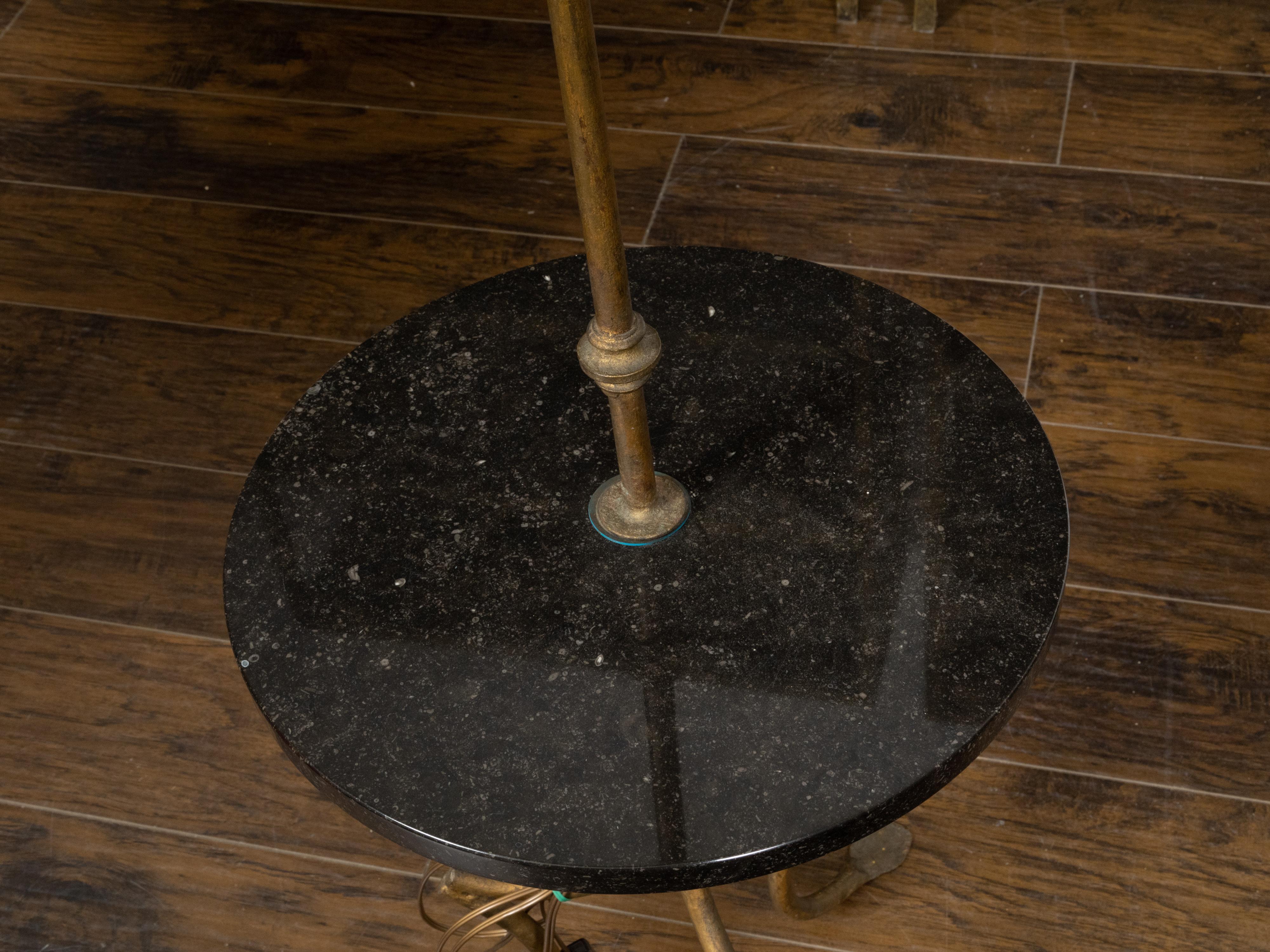 French Mid-Century Gilt Iron Floor Lamp Guéridon Table with Black Granite Top 2