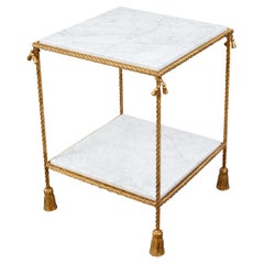 French Midcentury Gilt Iron Tiered Side Table with Marble Shelves and Tassels