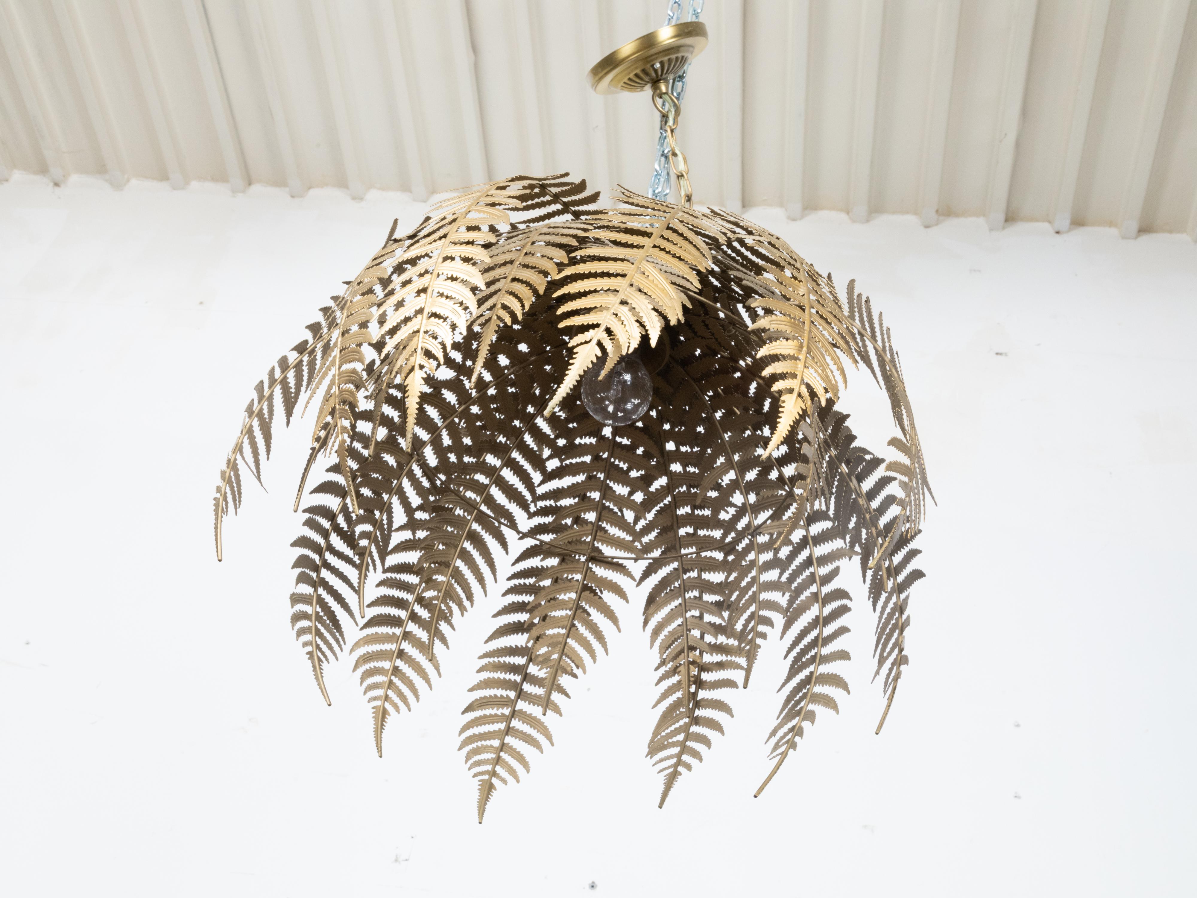 French Midcentury Gilt Metal Fern Chandelier with Single Light, Wired for the US 5