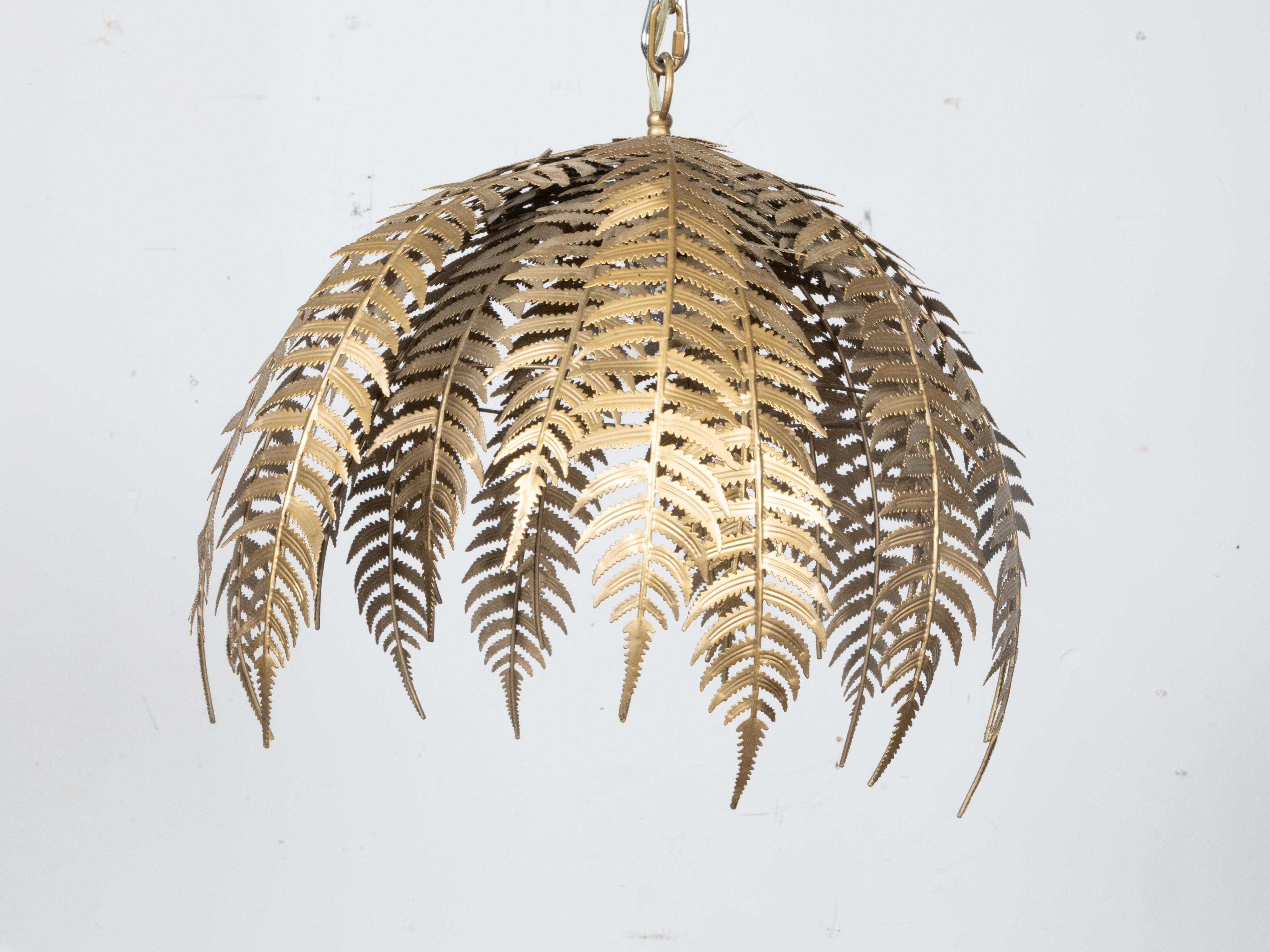 Mid-Century Modern French Midcentury Gilt Metal Fern Chandelier with Single Light, Wired for the US