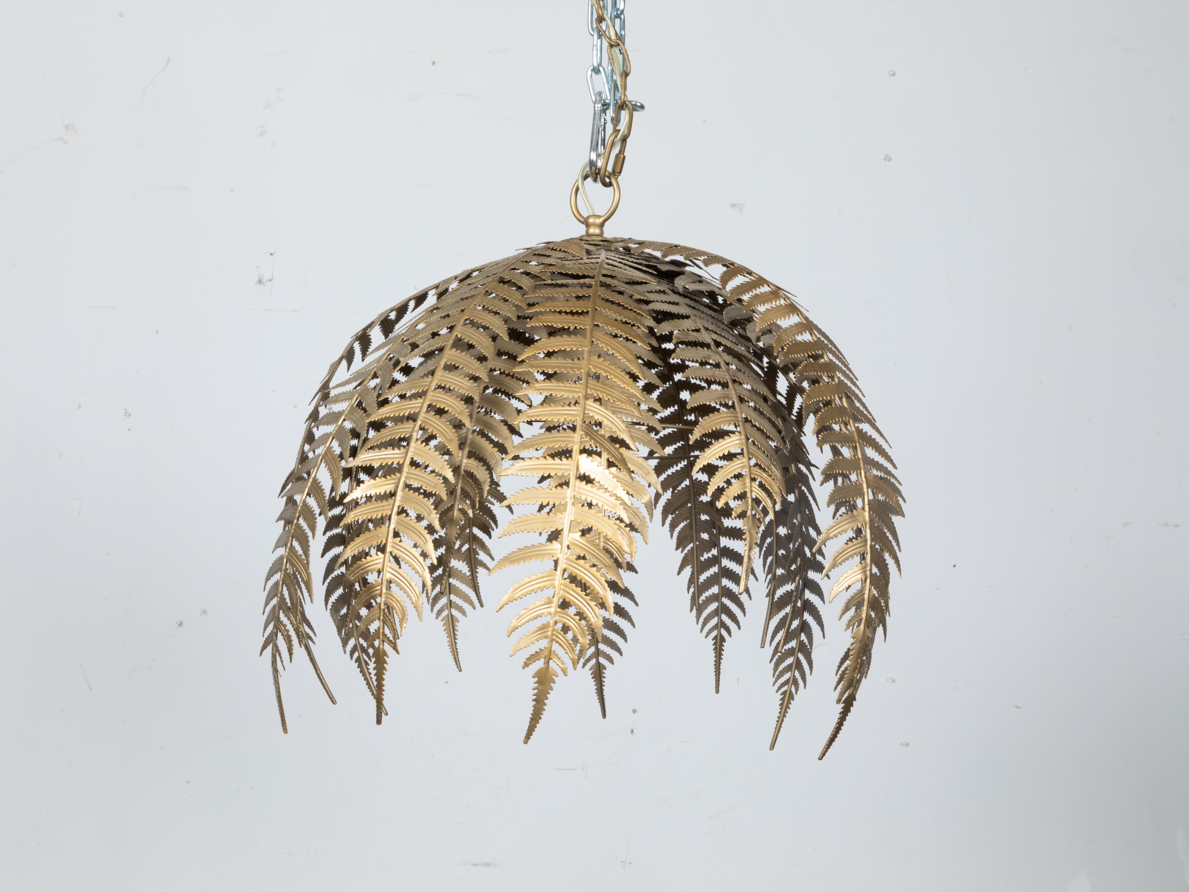 French Midcentury Gilt Metal Fern Chandelier with Single Light, Wired for the US In Good Condition In Atlanta, GA