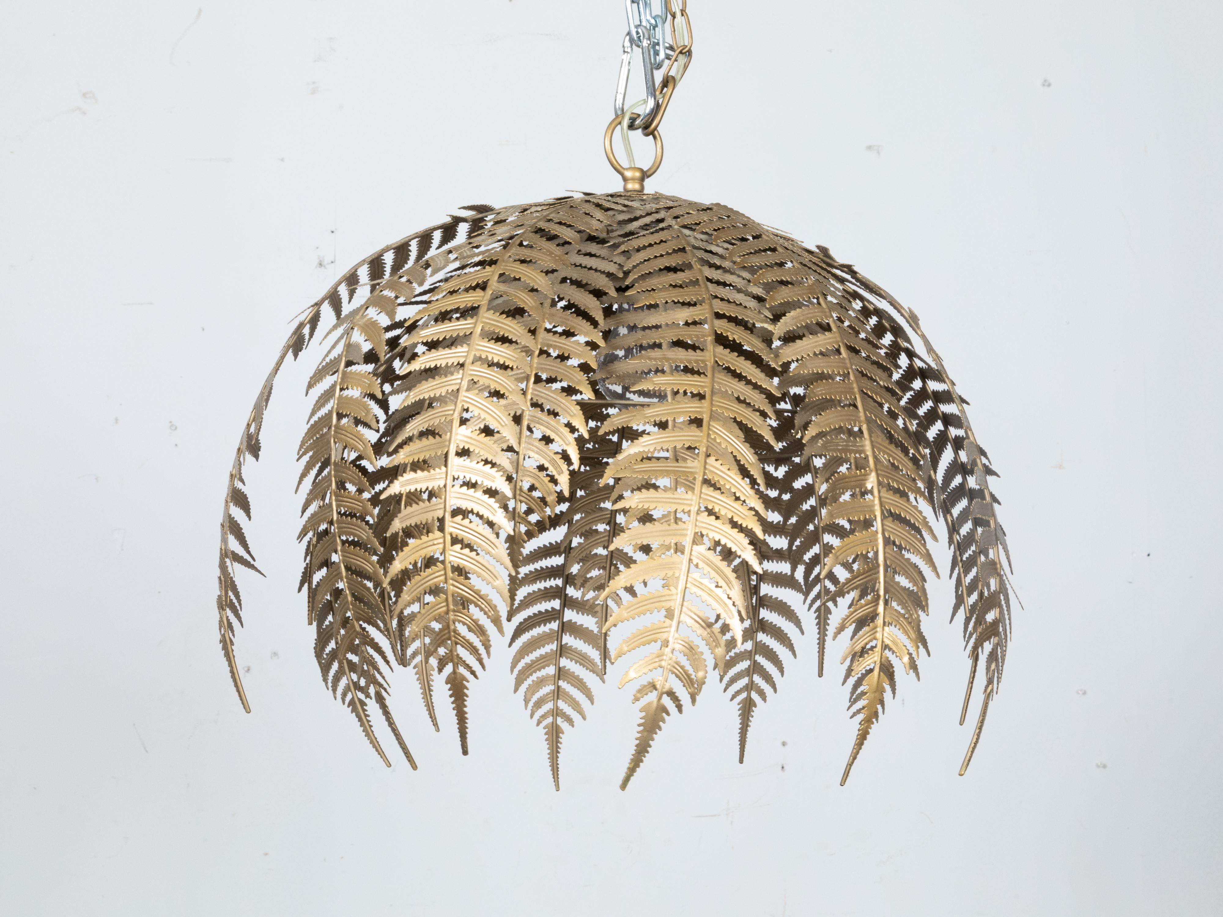 20th Century French Midcentury Gilt Metal Fern Chandelier with Single Light, Wired for the US