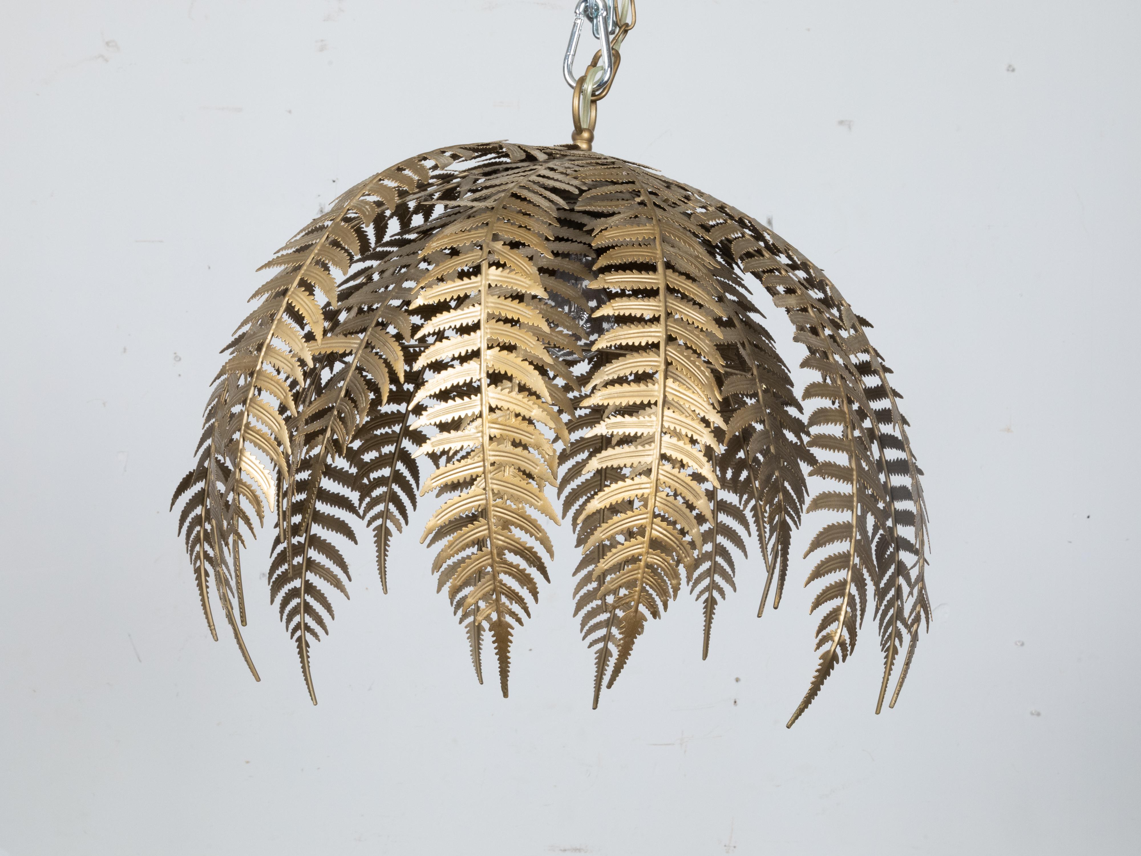 French Midcentury Gilt Metal Fern Chandelier with Single Light, Wired for the US 1