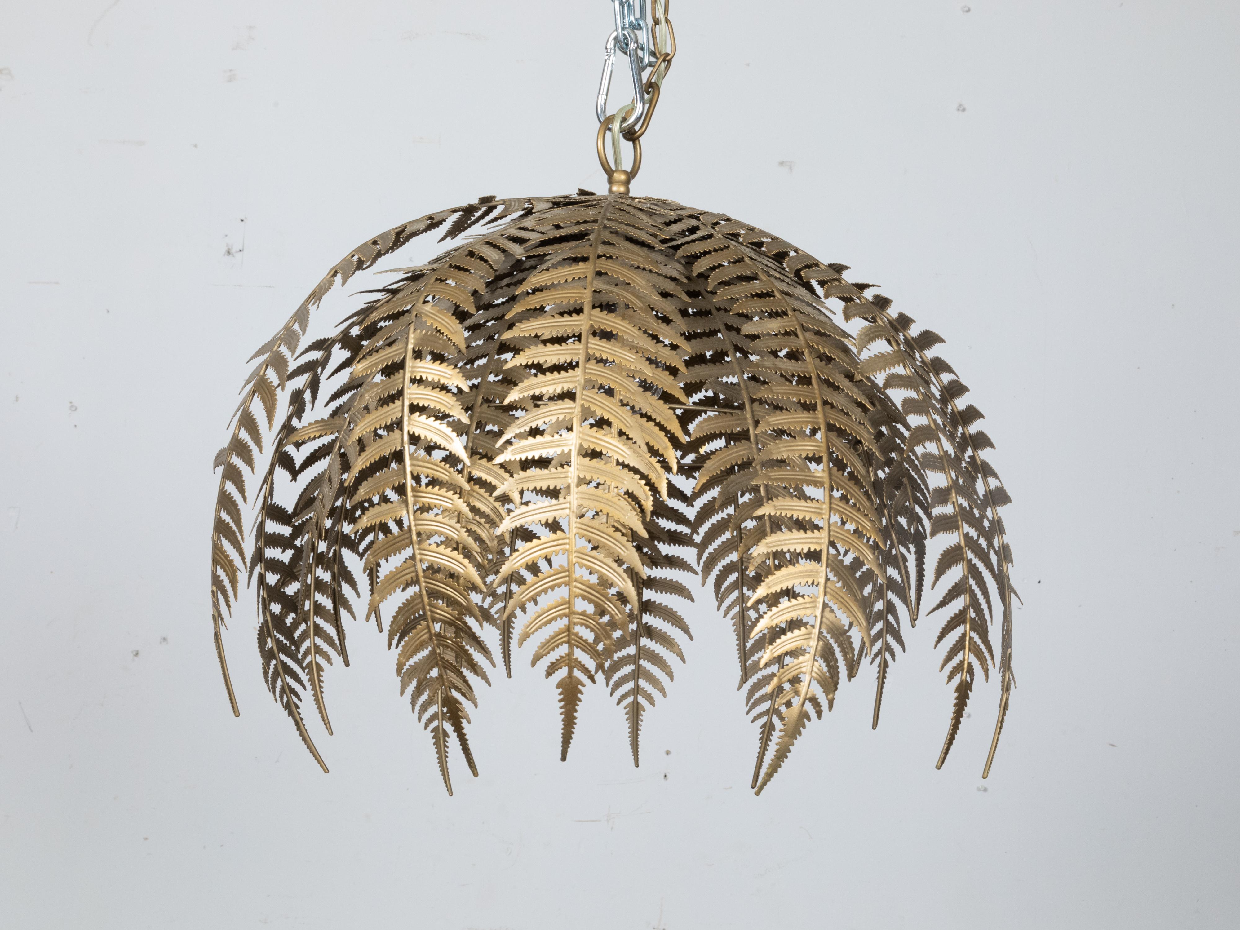 French Midcentury Gilt Metal Fern Chandelier with Single Light, Wired for the US 2