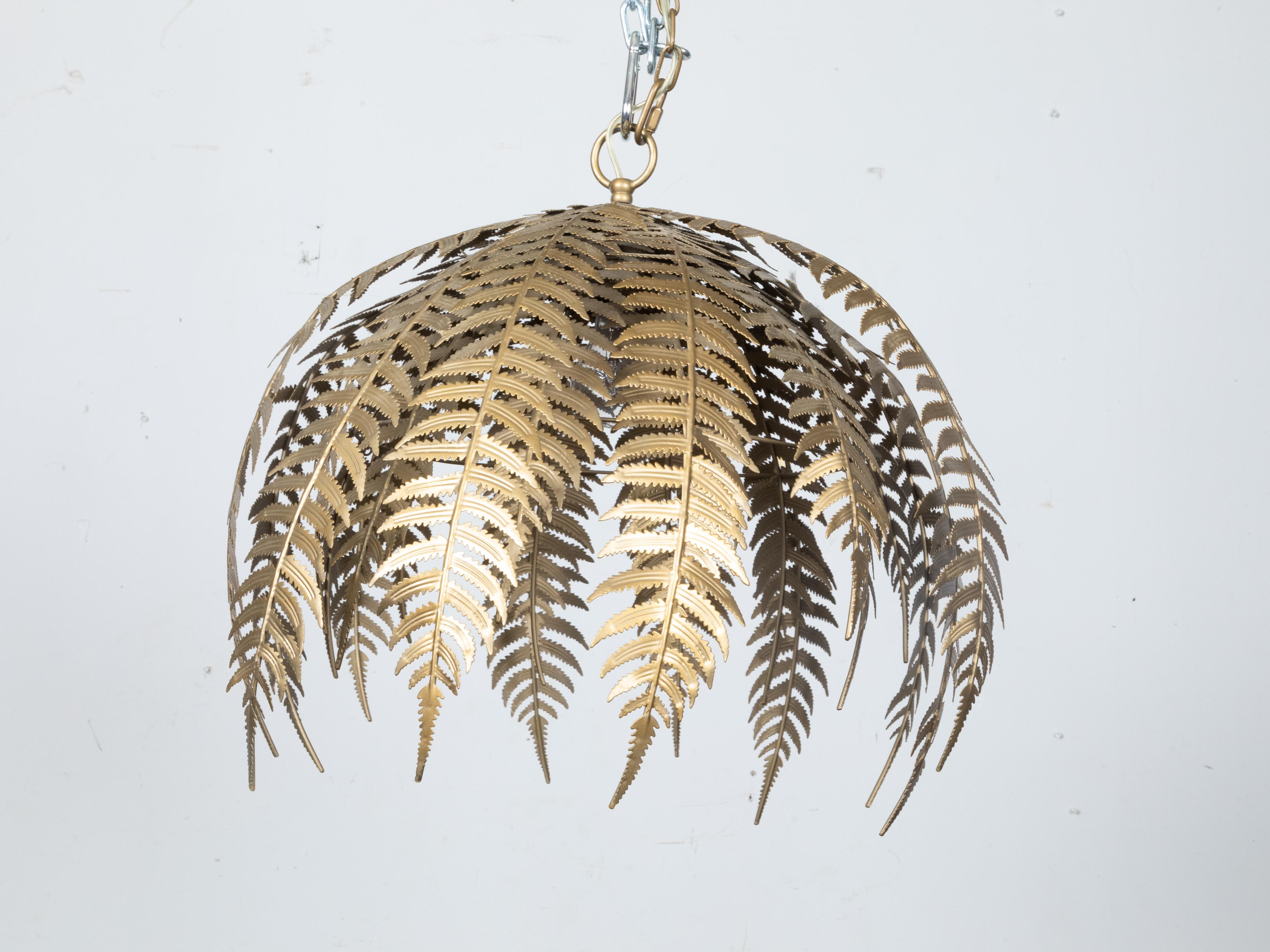 French Midcentury Gilt Metal Fern Chandelier with Single Light, Wired for the US 3