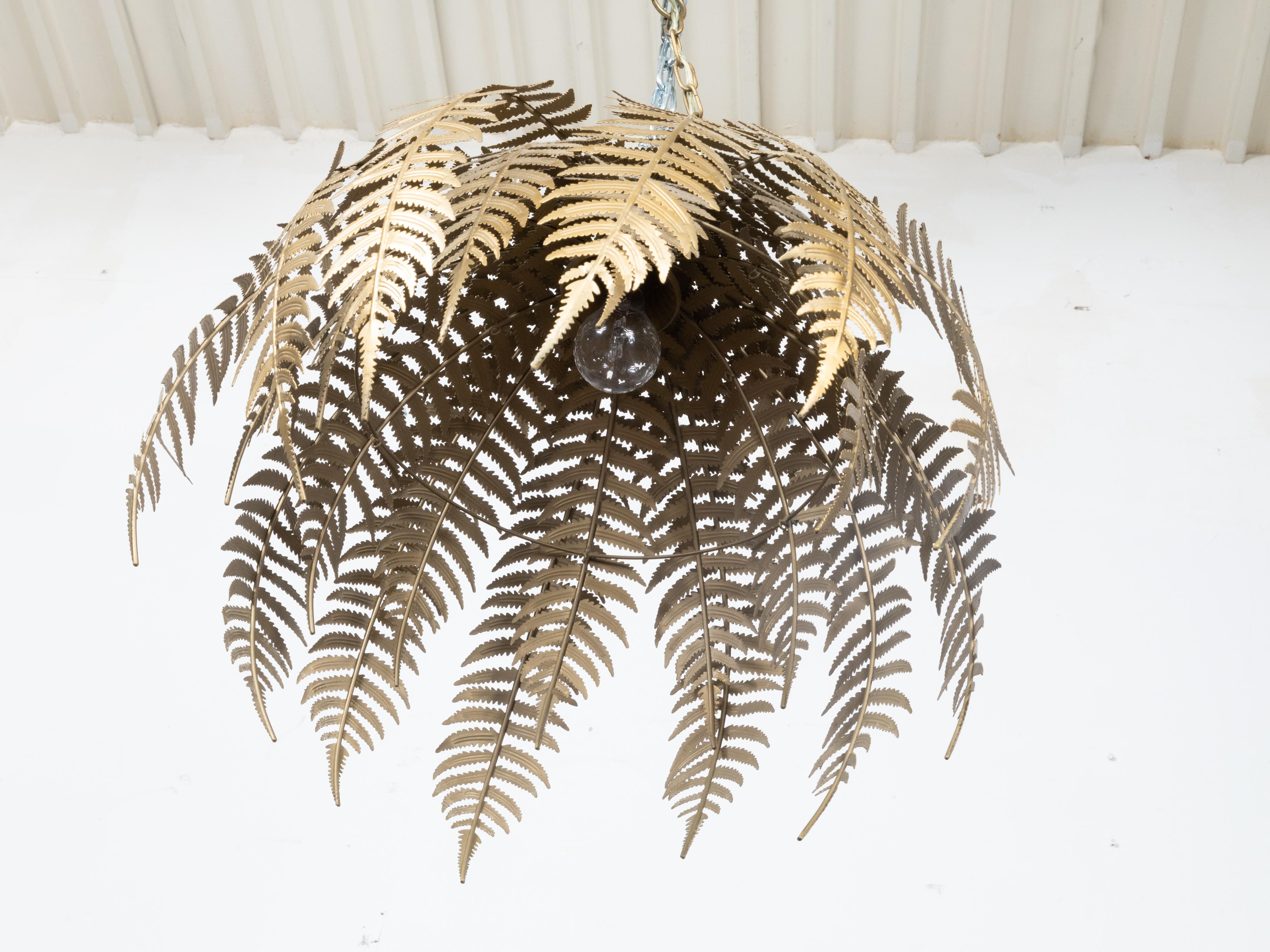French Midcentury Gilt Metal Fern Chandelier with Single Light, Wired for the US 4