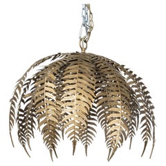 French Midcentury Gilt Metal Fern Chandelier with Single Light, Wired for the US