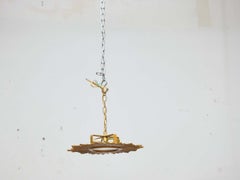 French Midcentury Gilt Metal Flush Mount Sunburst Light Fixture, Rewired