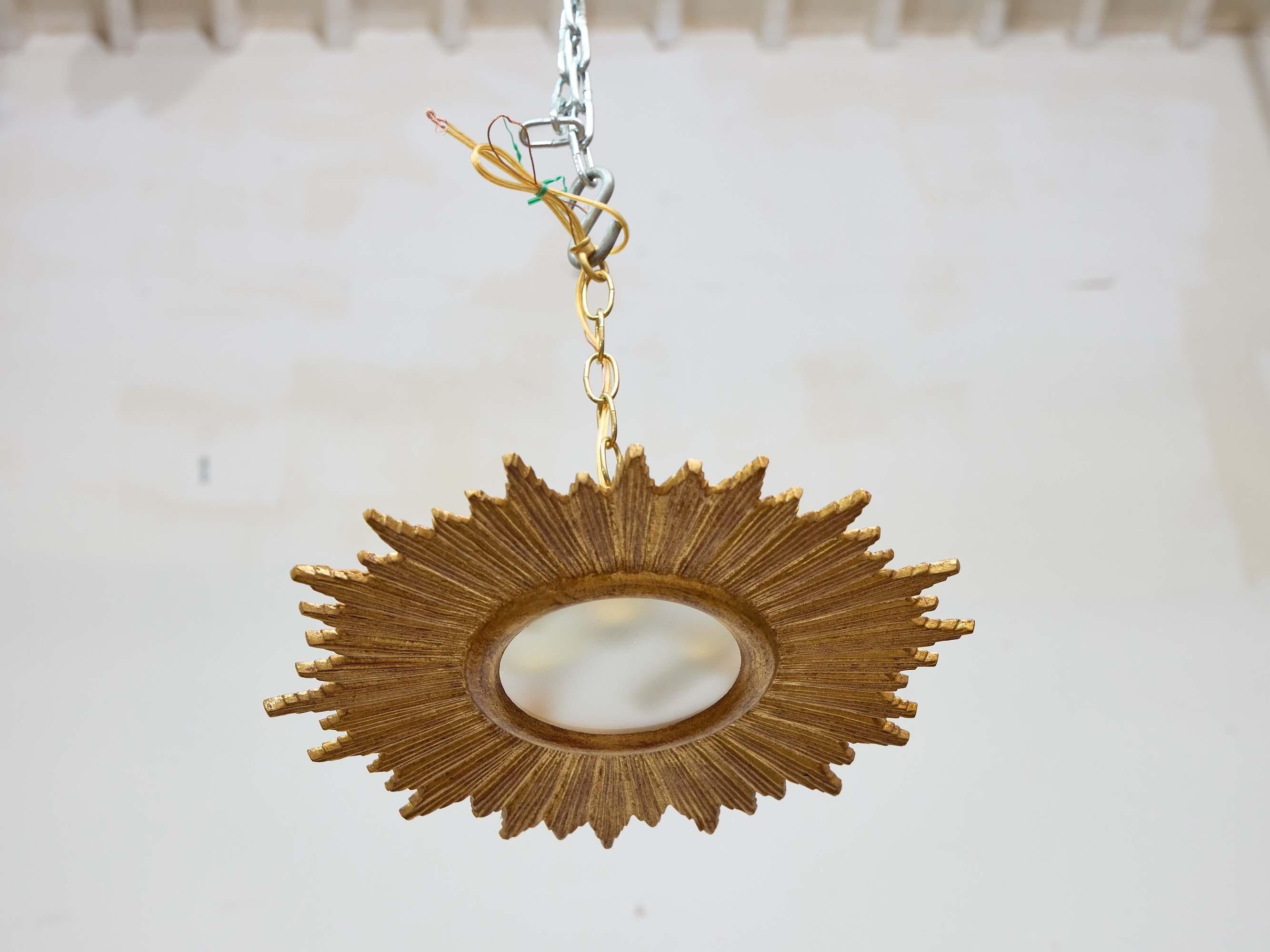 Mid-Century Modern French Midcentury Gilt Metal Flush Mount Sunburst Light Fixture, Rewired For Sale