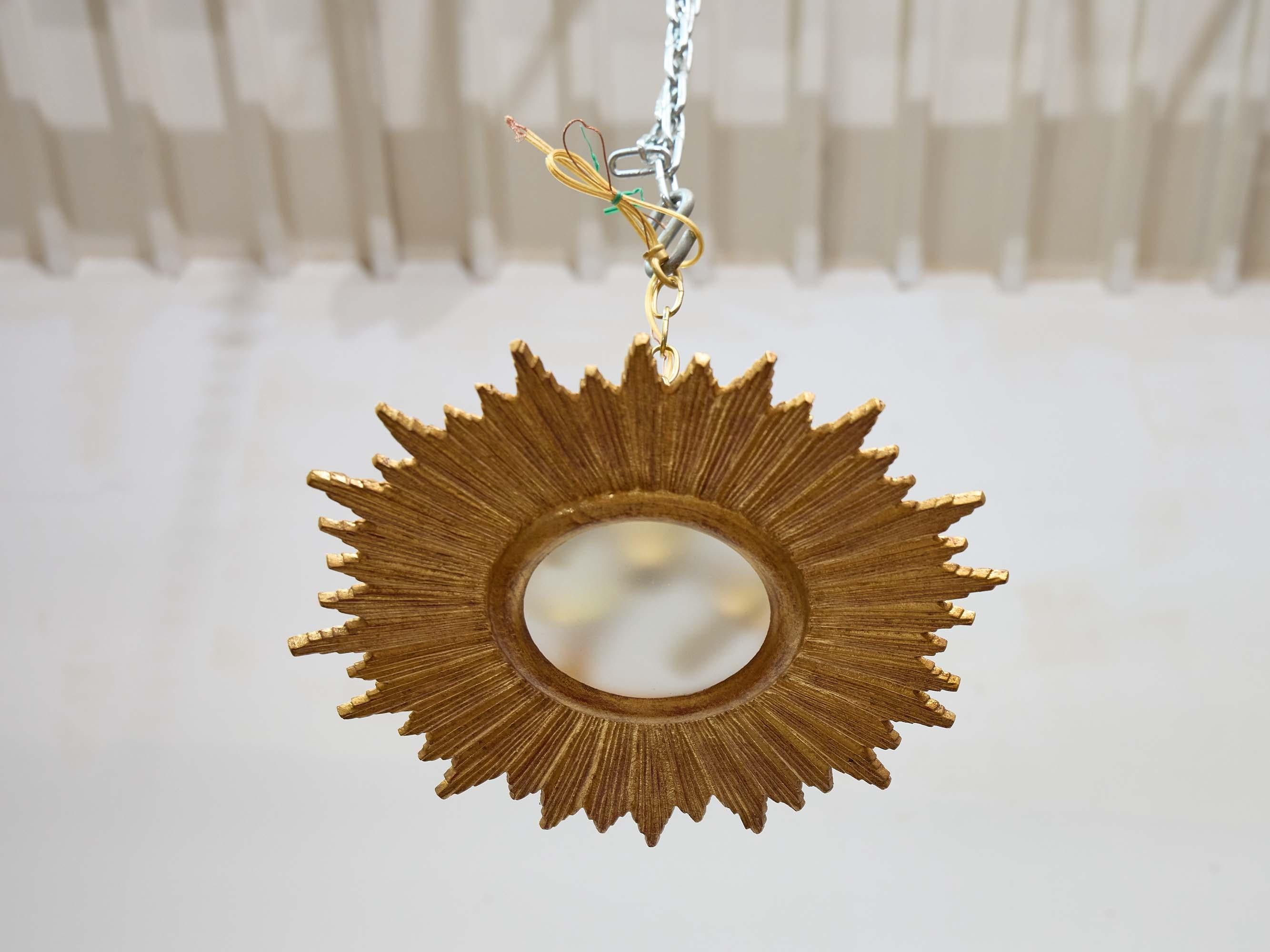Frosted French Midcentury Gilt Metal Flush Mount Sunburst Light Fixture, Rewired For Sale