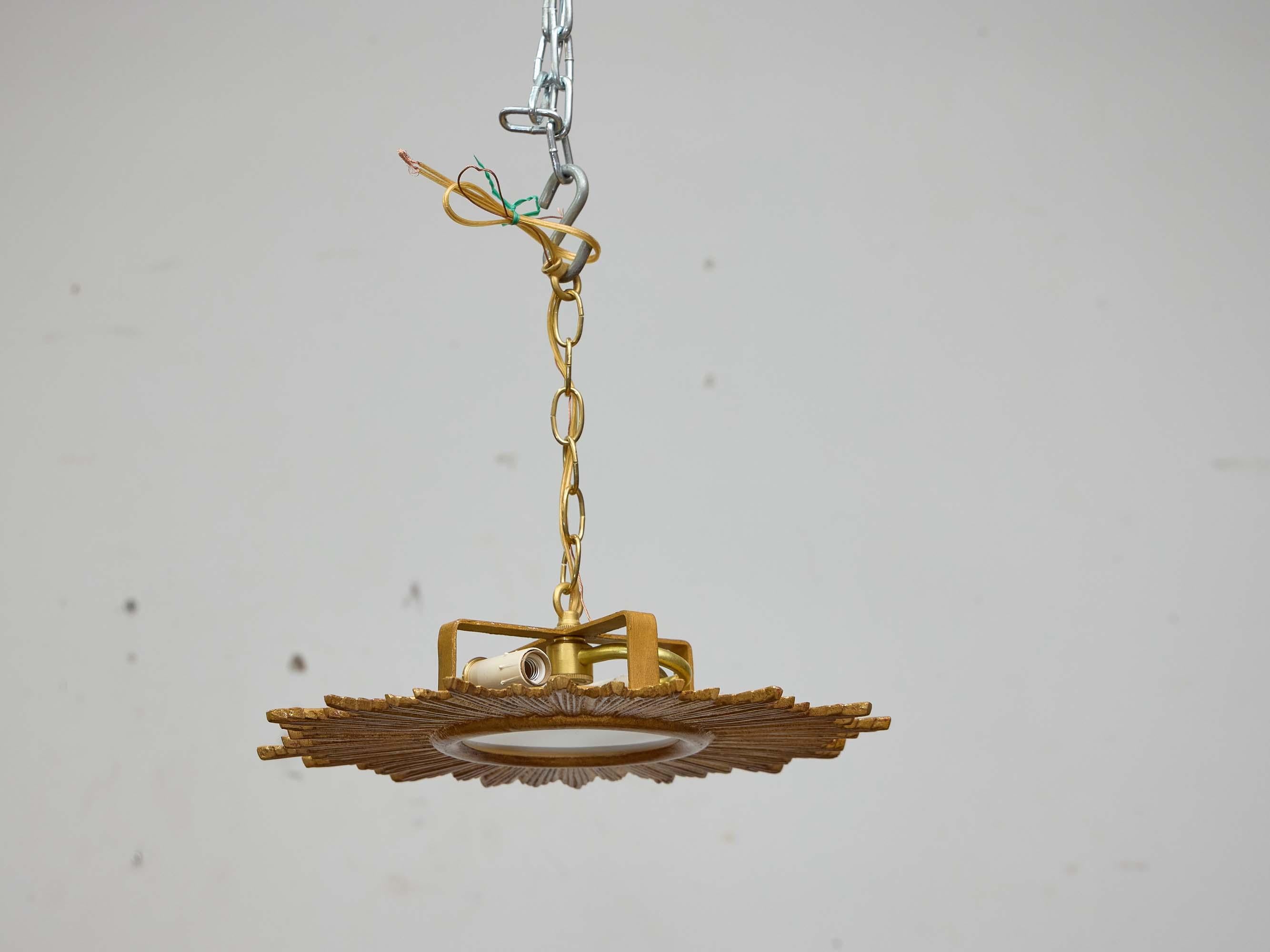French Midcentury Gilt Metal Flush Mount Sunburst Light Fixture, Rewired In Good Condition For Sale In Atlanta, GA