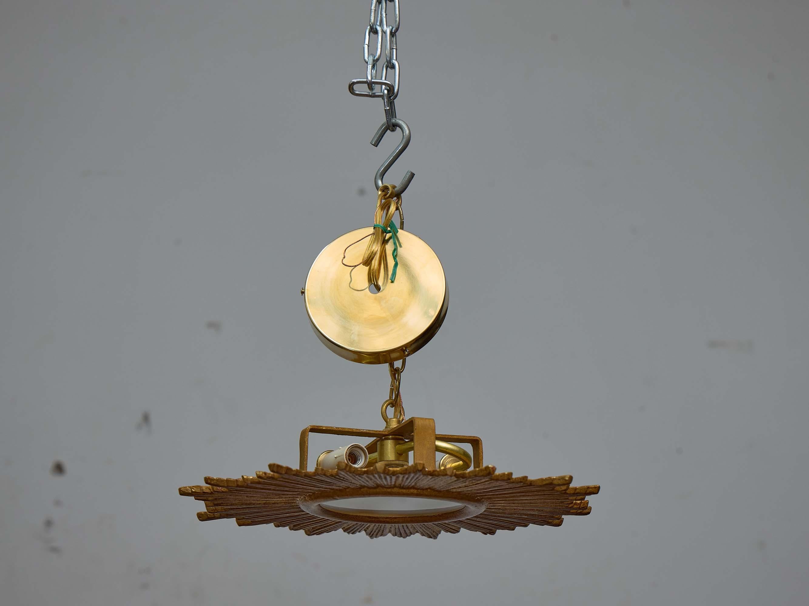 20th Century French Midcentury Gilt Metal Flush Mount Sunburst Light Fixture, Rewired For Sale