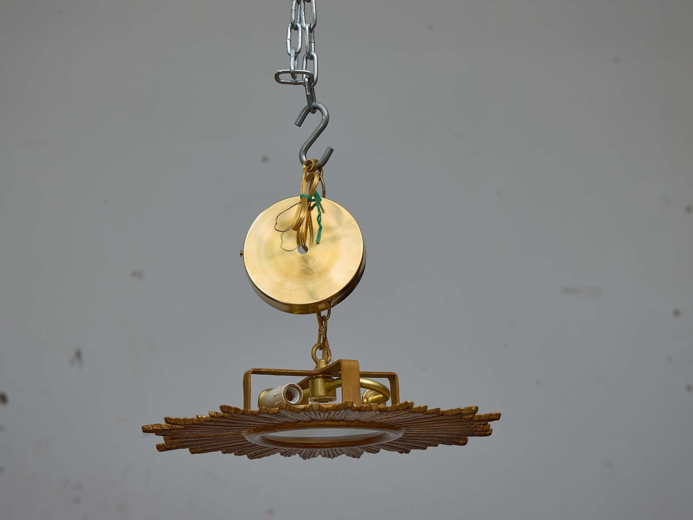 French Midcentury Gilt Metal Flush Mount Sunburst Light Fixture, Rewired For Sale 1