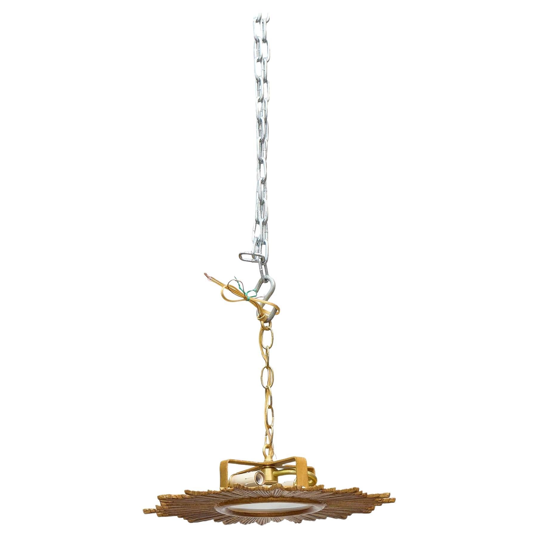 French Midcentury Gilt Metal Flush Mount Sunburst Light Fixture, Rewired For Sale