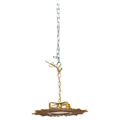 French Midcentury Gilt Metal Flush Mount Sunburst Light Fixture, Rewired