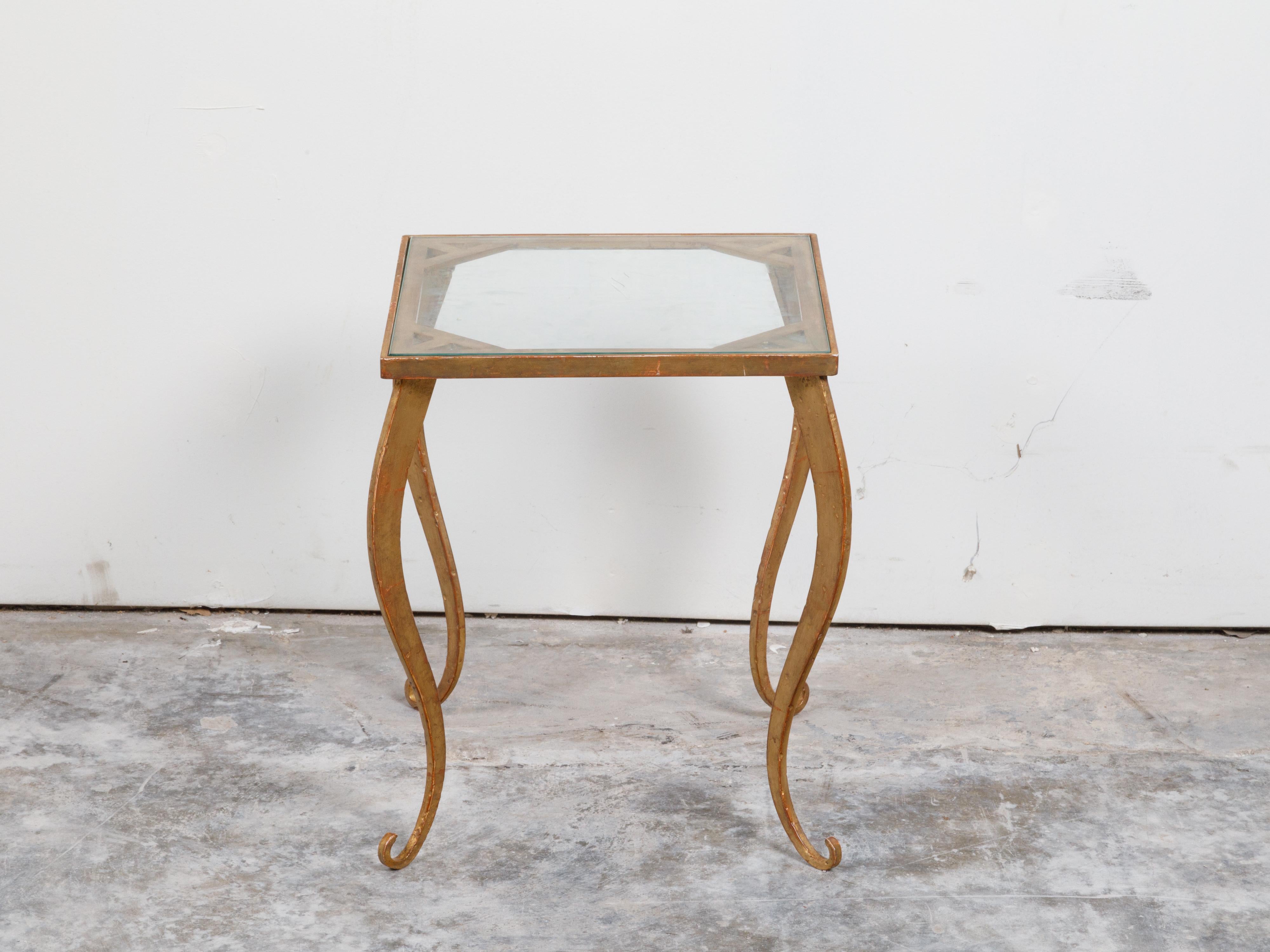 French Mid-Century Gilt Metal Side Table with Square Glass Top and Cabriole Legs For Sale 4