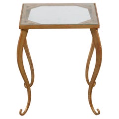 French Mid-Century Gilt Metal Side Table with Square Glass Top and Cabriole Legs