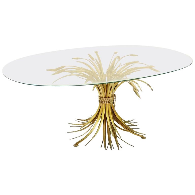 1970s Coco Chanel Sheaf of Wheat Gilt Oval Glass and brass table France