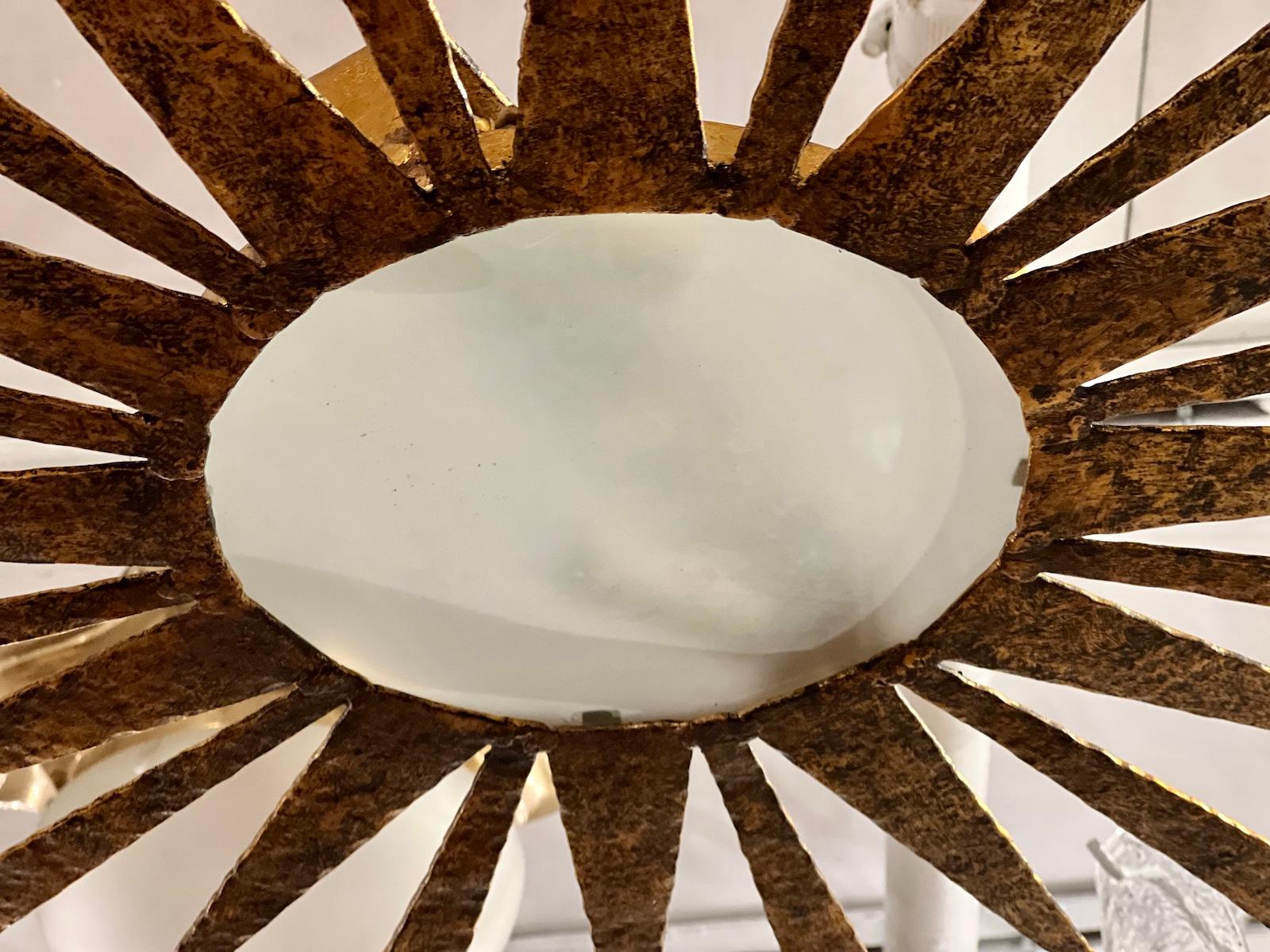 French Midcentury Gilt Sunburst Fixture In Good Condition In New York, NY