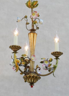 French Midcentury Giltwood and Toleware Chandelier with Porcelaine Flowers C1950