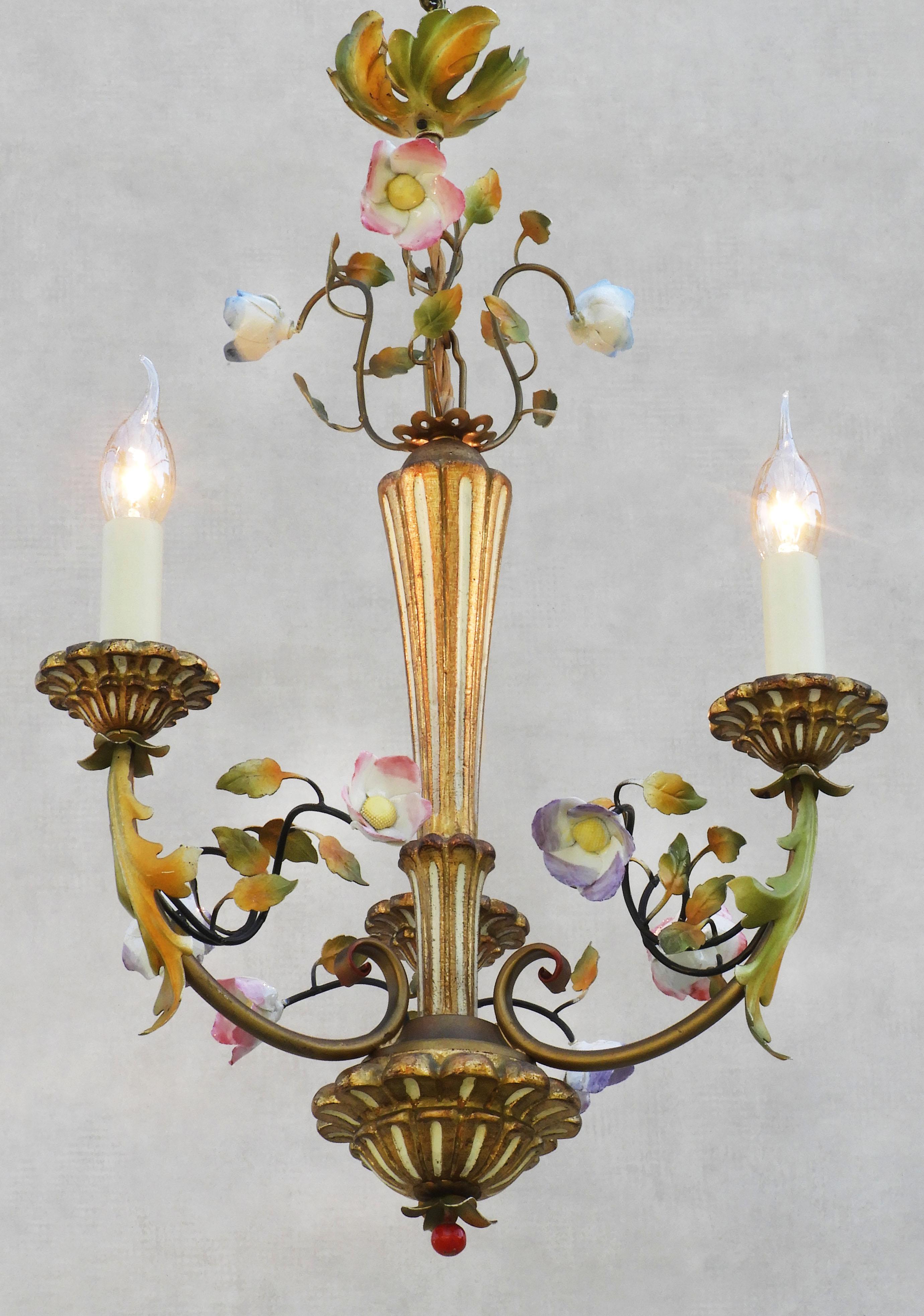 Hand-Crafted French Midcentury Giltwood and Toleware Chandelier with Porcelaine Flowers C1950 For Sale