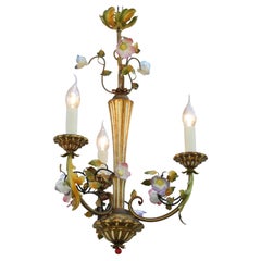 French Midcentury Giltwood and Toleware Chandelier with Porcelaine Flowers C1950