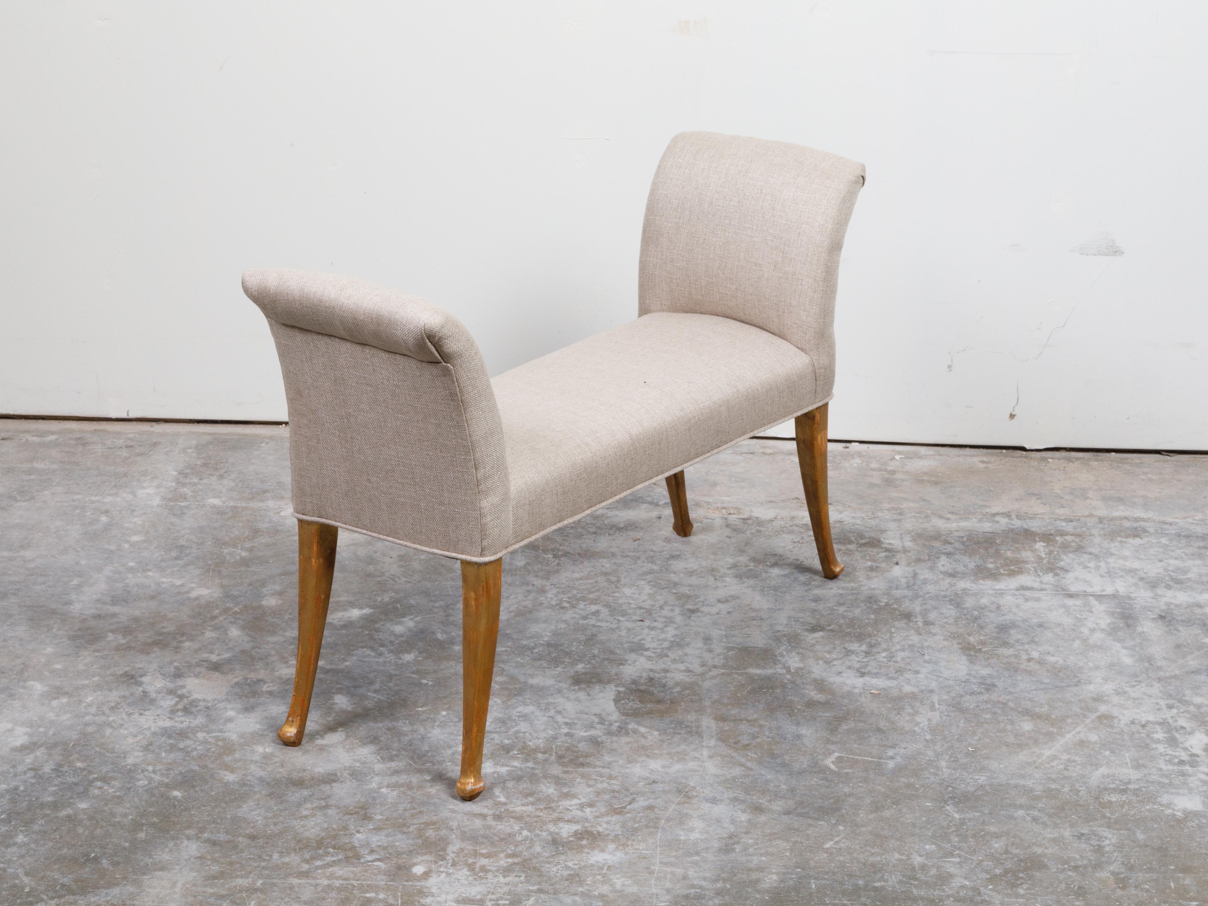 20th Century French Mid-Century Giltwood Bench with Saber Legs and New Upholstery For Sale