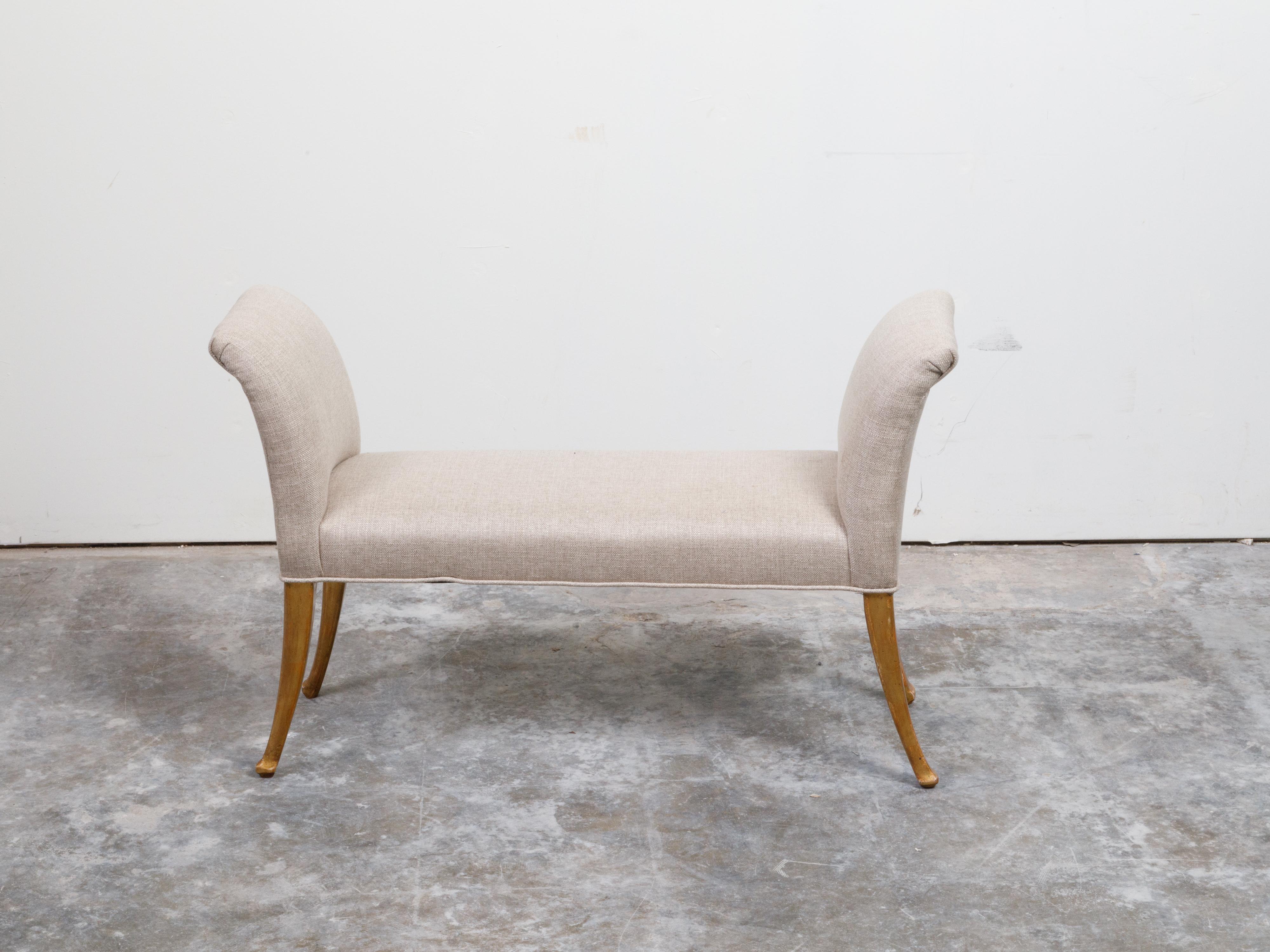 French Mid-Century Giltwood Bench with Saber Legs and New Upholstery For Sale 3