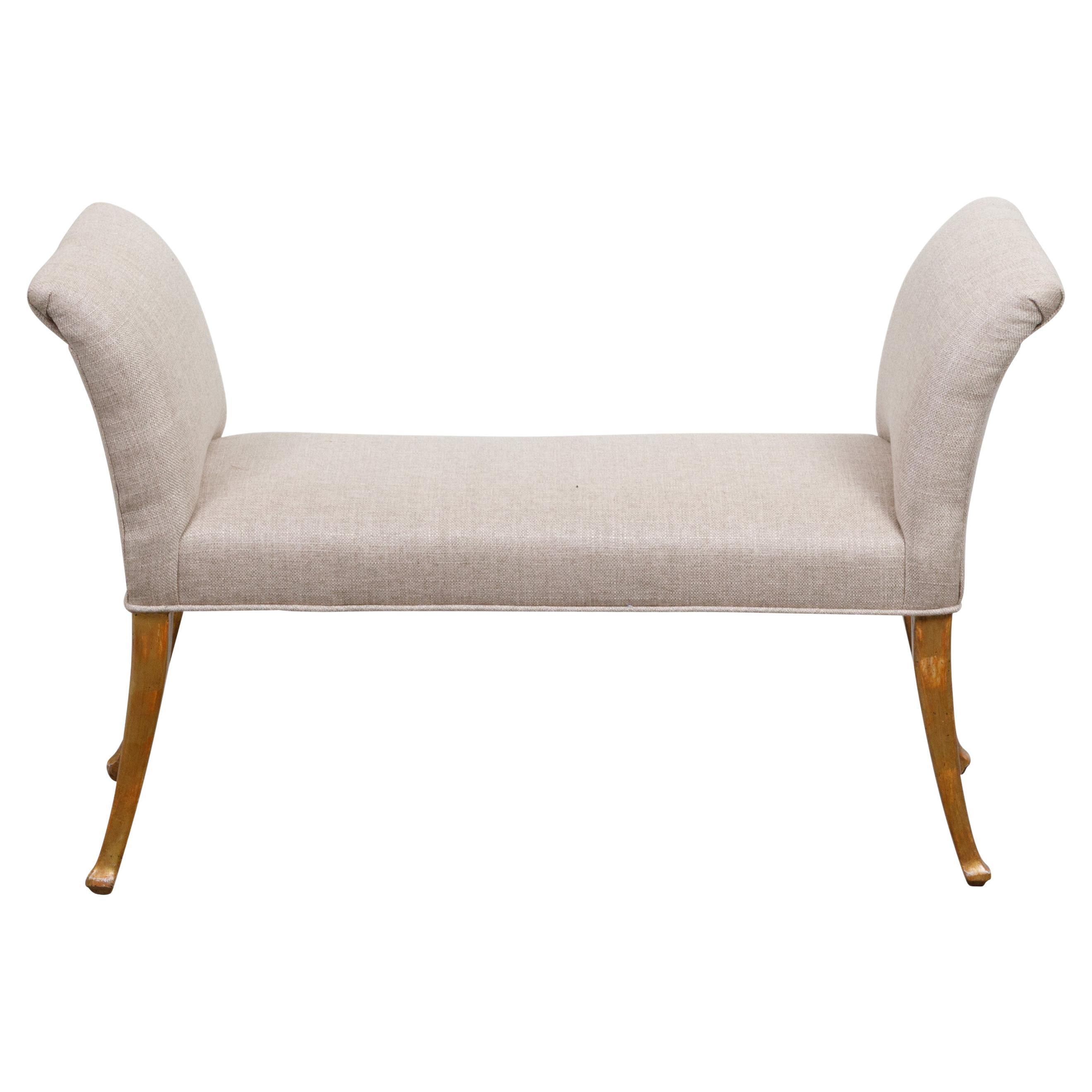 French Mid-Century Giltwood Bench with Saber Legs and New Upholstery For Sale