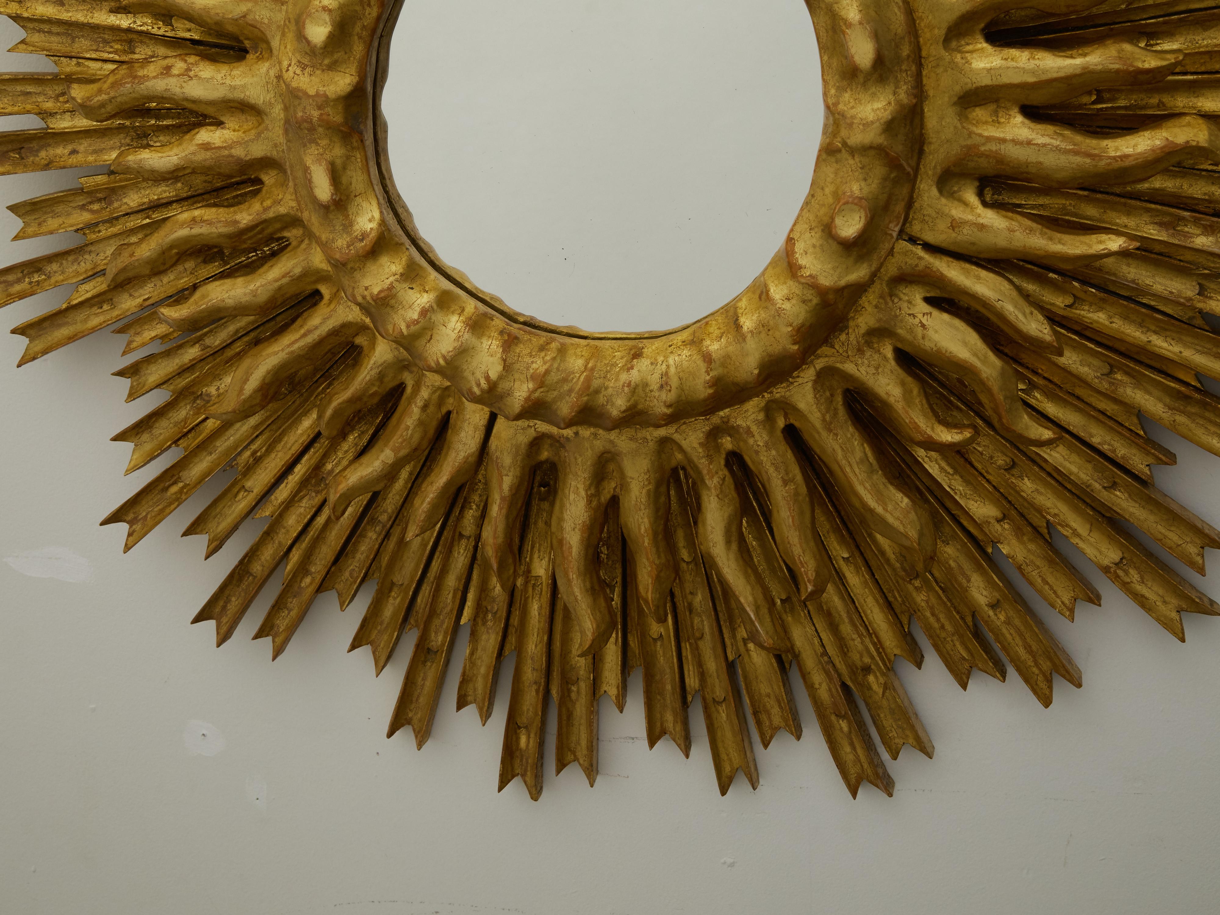 Carved French Midcentury Giltwood Two-Layer Sunburst Mirror with Small Mirror Plate For Sale