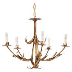 French Midcentury Gold Toned Five-Light Iron Chandelier